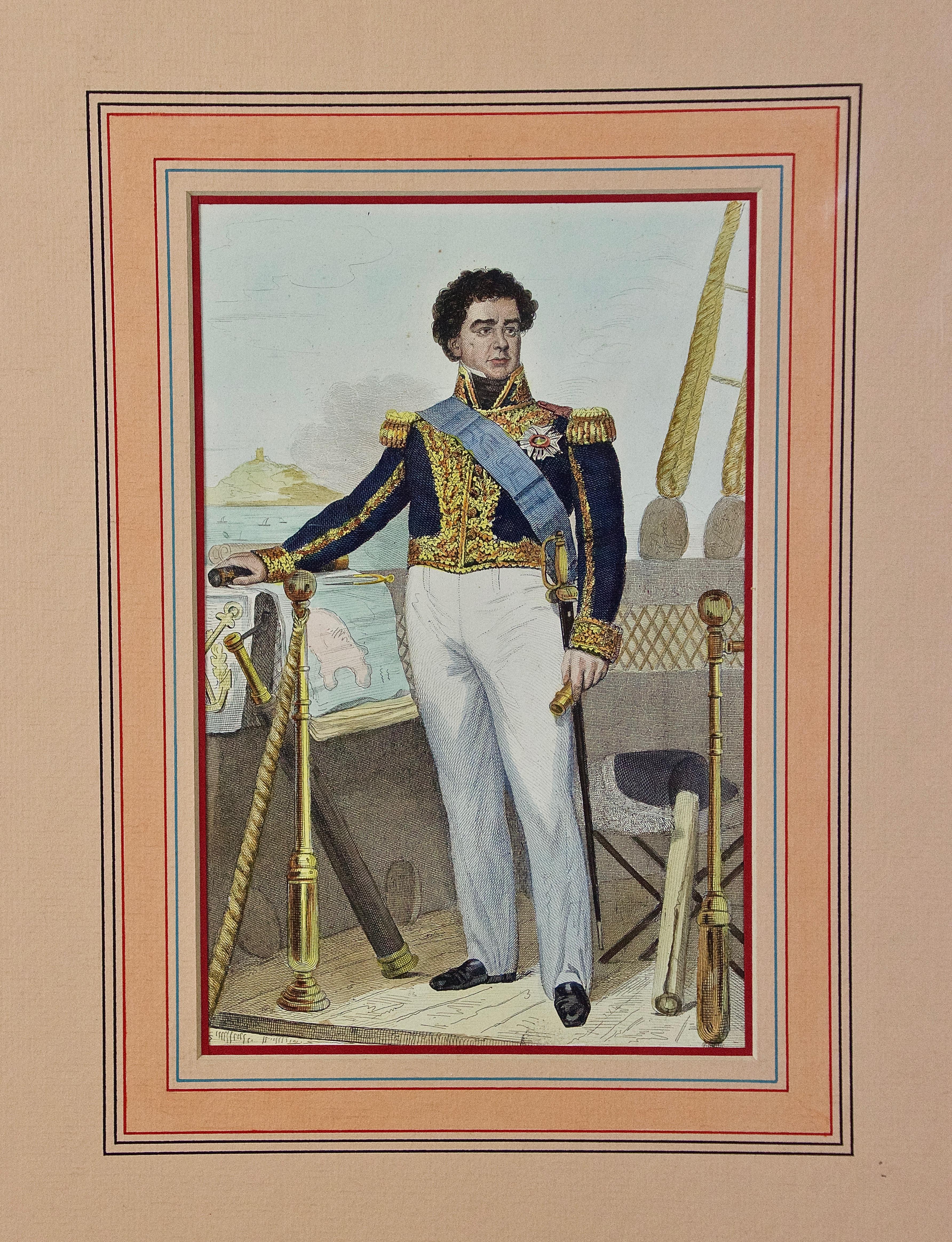 Joseph-Désiré Court Portrait Print - Antique Hand Colored Steel Engraving of the Commodore of the Navy under Napoleon