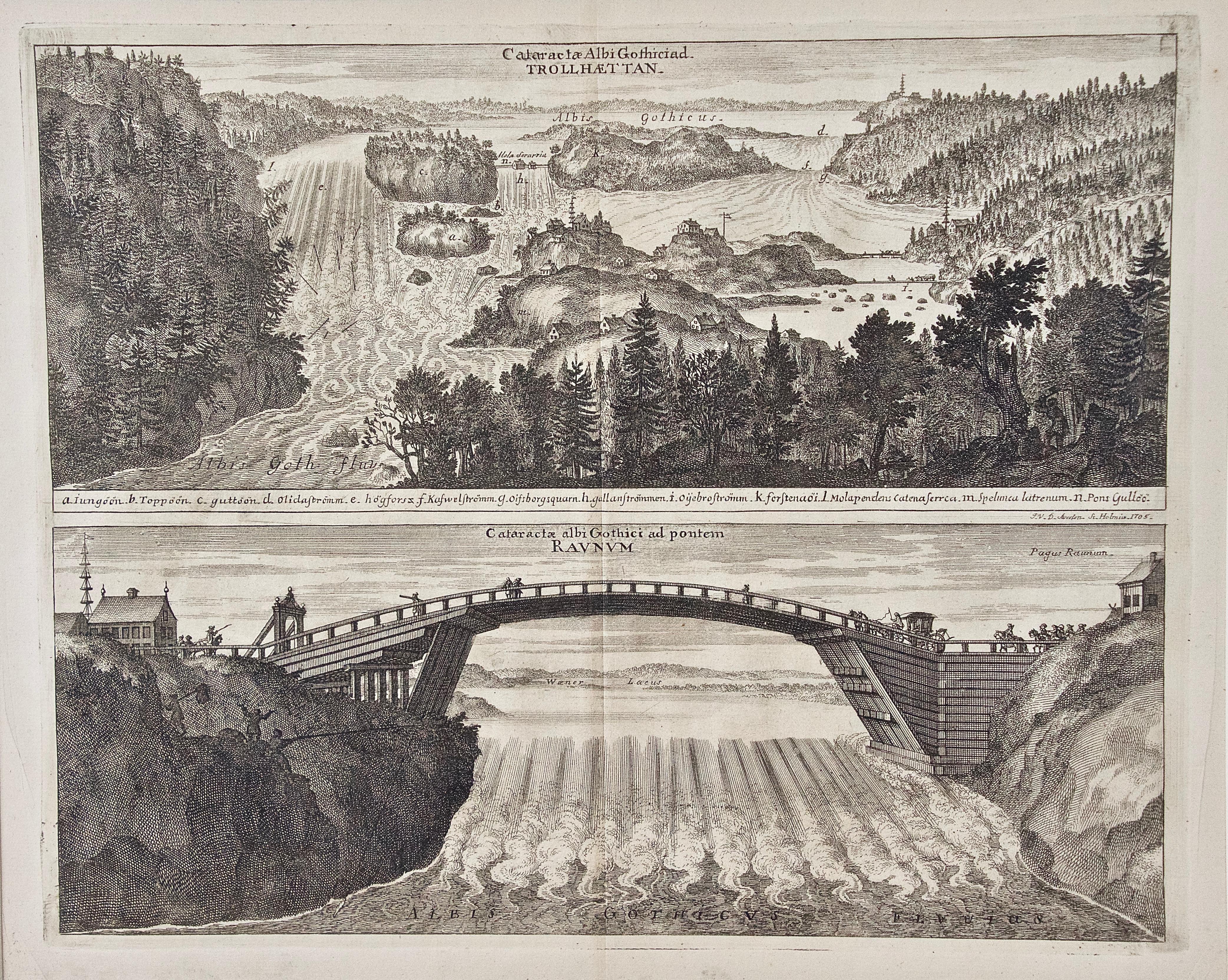 Deux vues gravées anciennes sur une feuille de "Cataractae Albi Gothicead Trollhaettan" et "Cataractae Albi Gothici ad Pontiff Raunum" (chutes d'eau près de Trollhaettan et Raunum), Suède, en 1705, tirées de "Sueciae Antiquae et Hodiernae" publié à