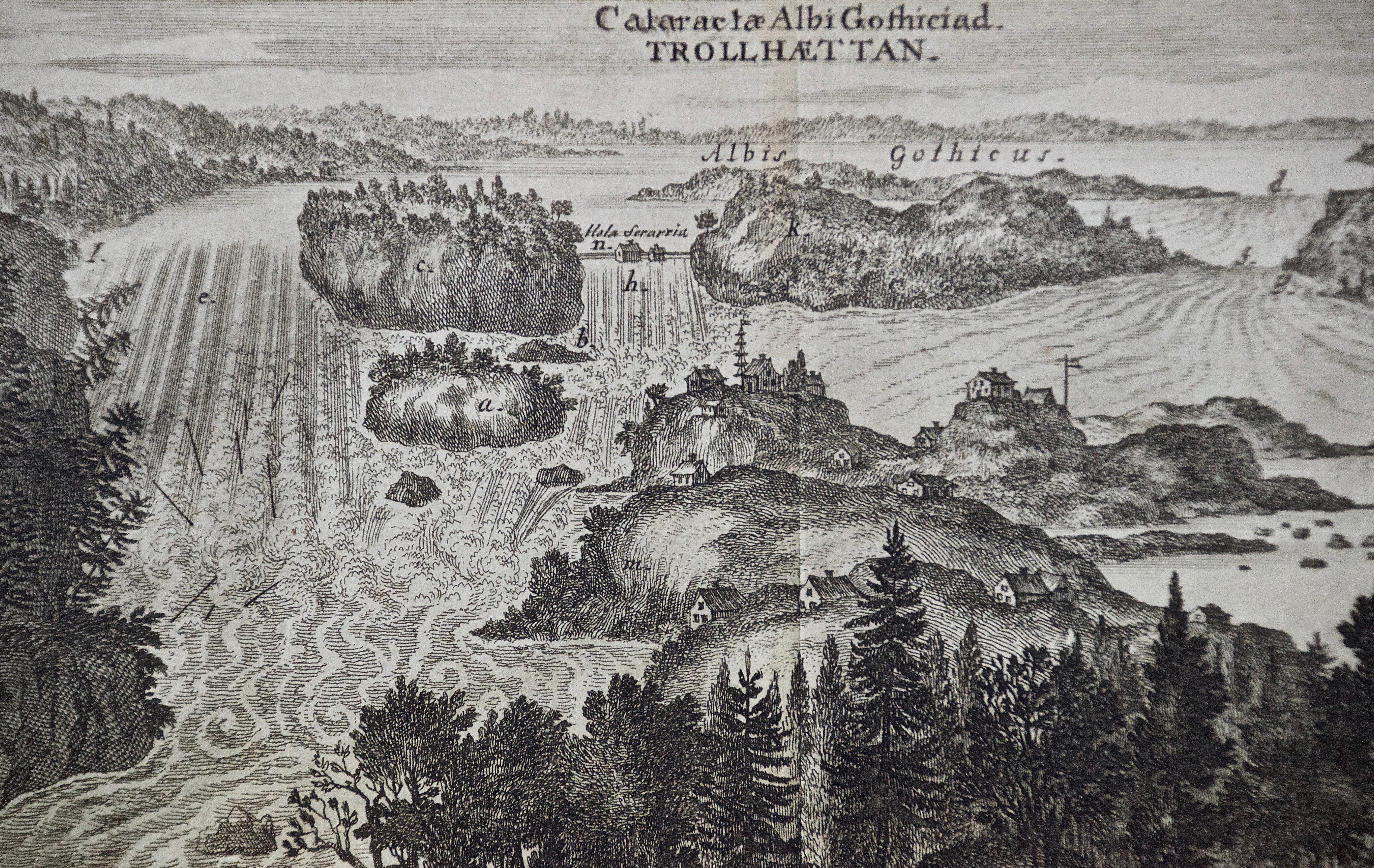 Une vue ancienne gravée de chutes d'eau en Suède au XVIIe siècle par Erik Dahlberg en vente 1