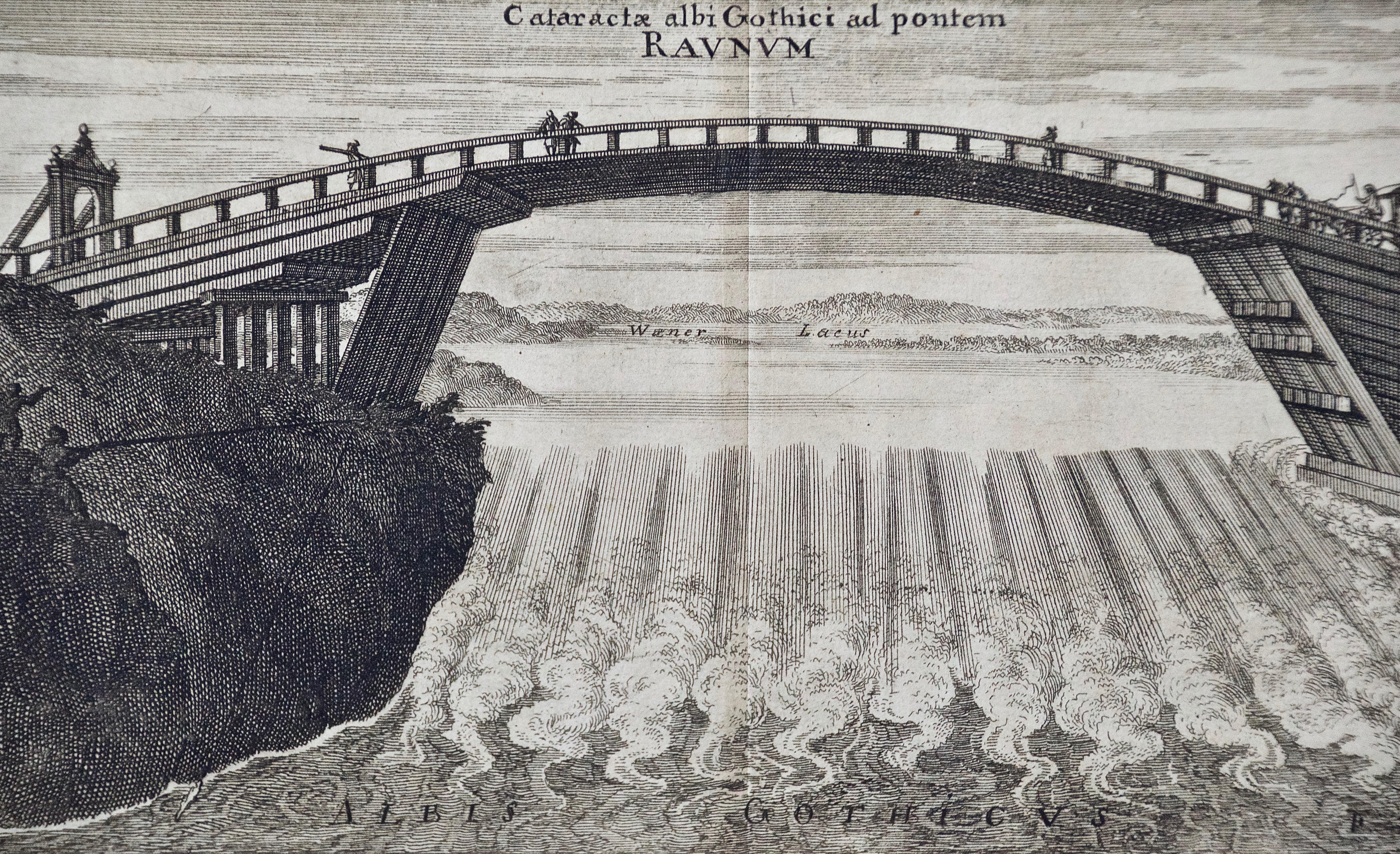 Une vue ancienne gravée de chutes d'eau en Suède au XVIIe siècle par Erik Dahlberg en vente 3