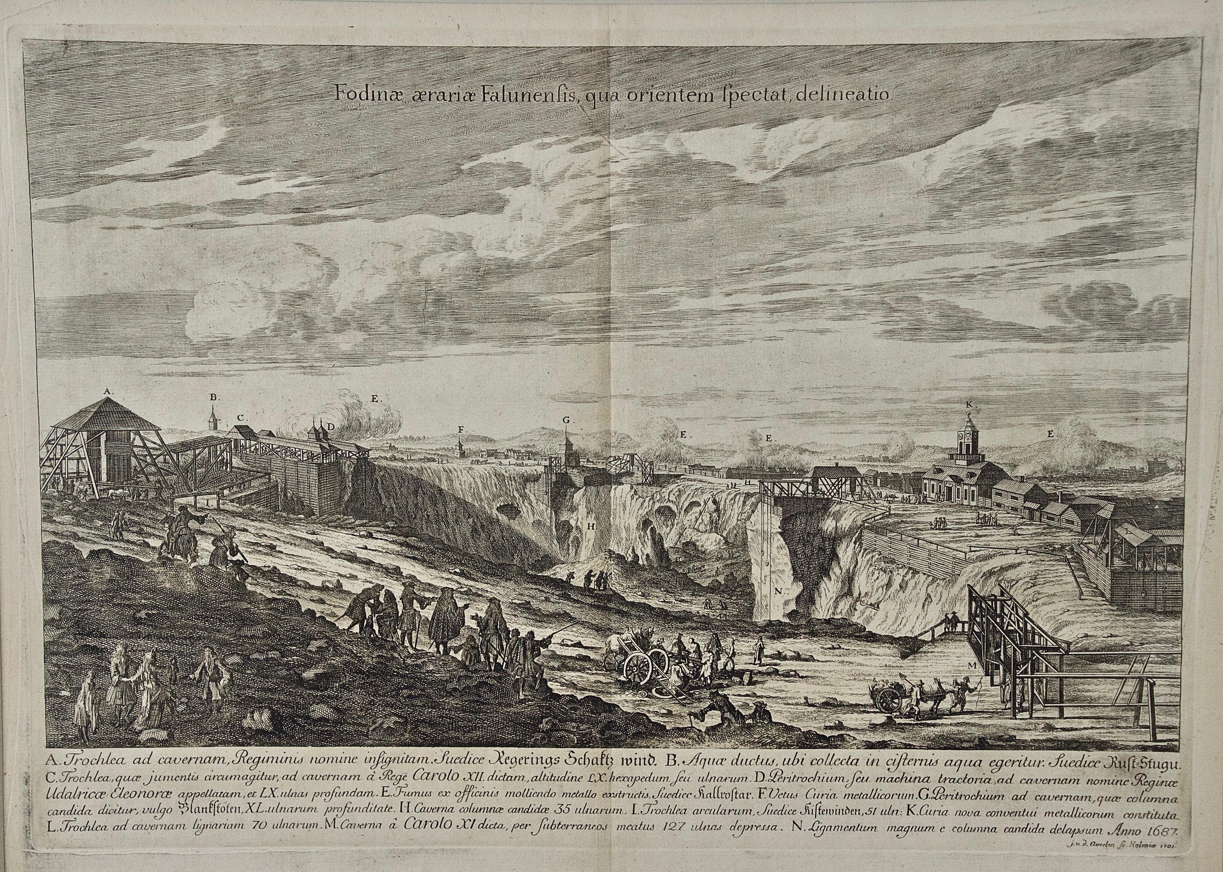 An Antique Engraved View of Copper Mining in Sweden in the 17th C. by Dahlberg