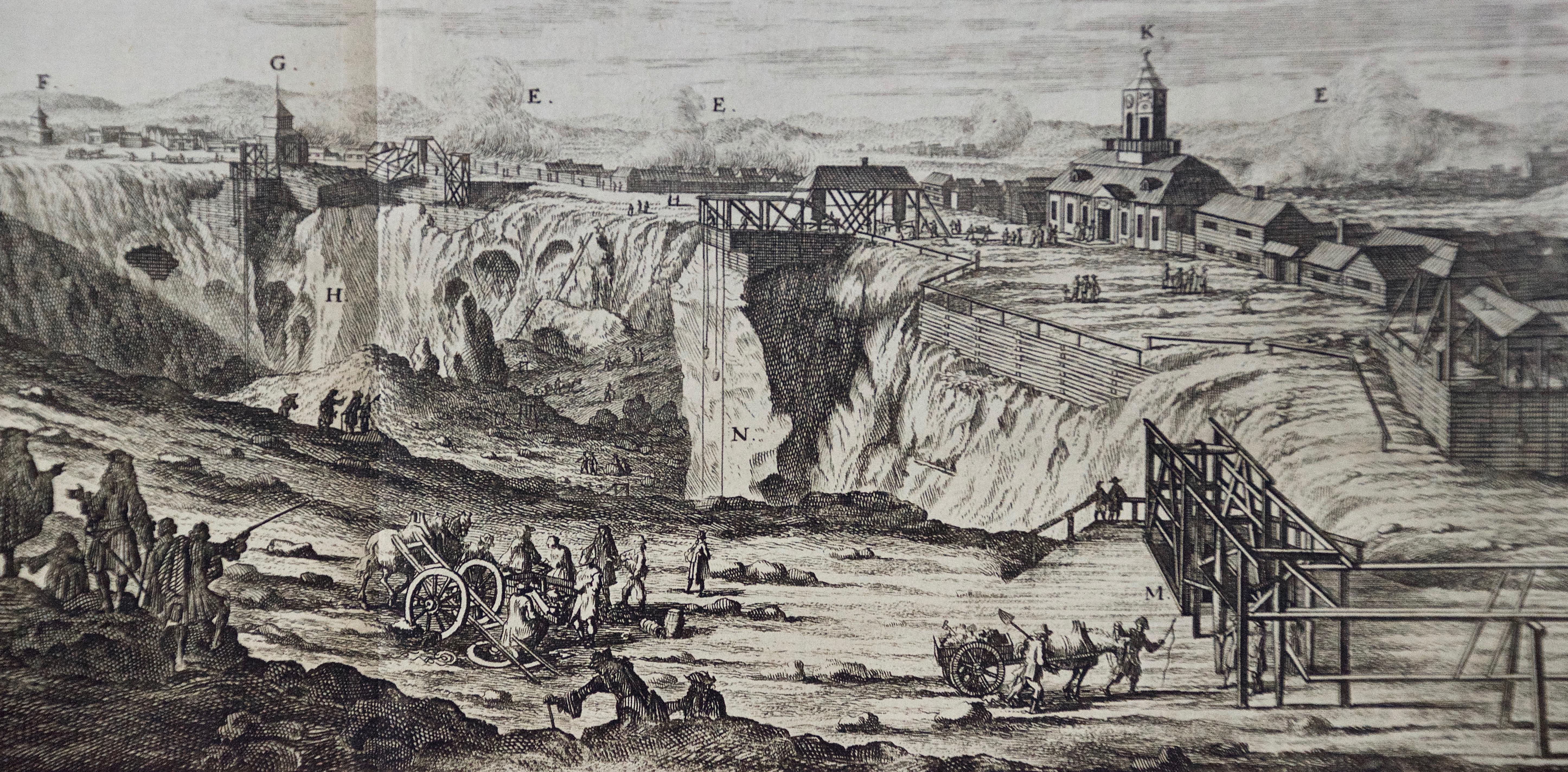 An Antique Engraved View of Copper Mining in Sweden in the 17th C. by Dahlberg - Print by Erik Dahlberg