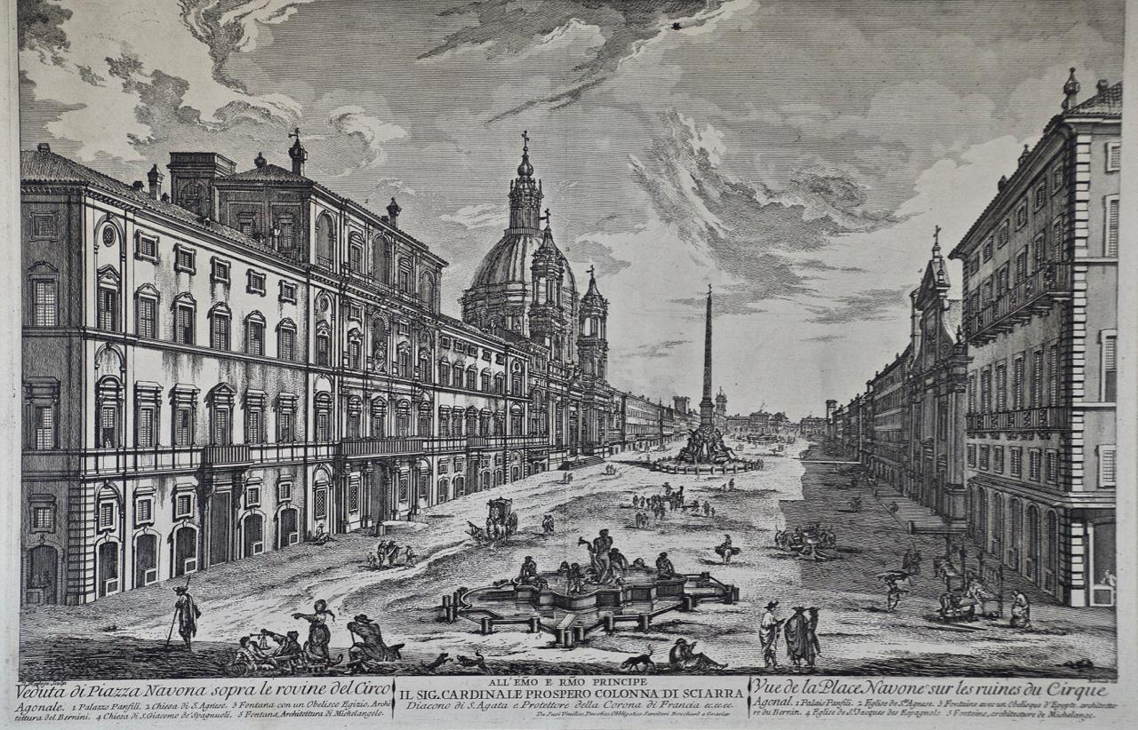 Piazza Navona in Rome: A Framed Original 18th Century Etching by Barbault - Print by Jean Barbault