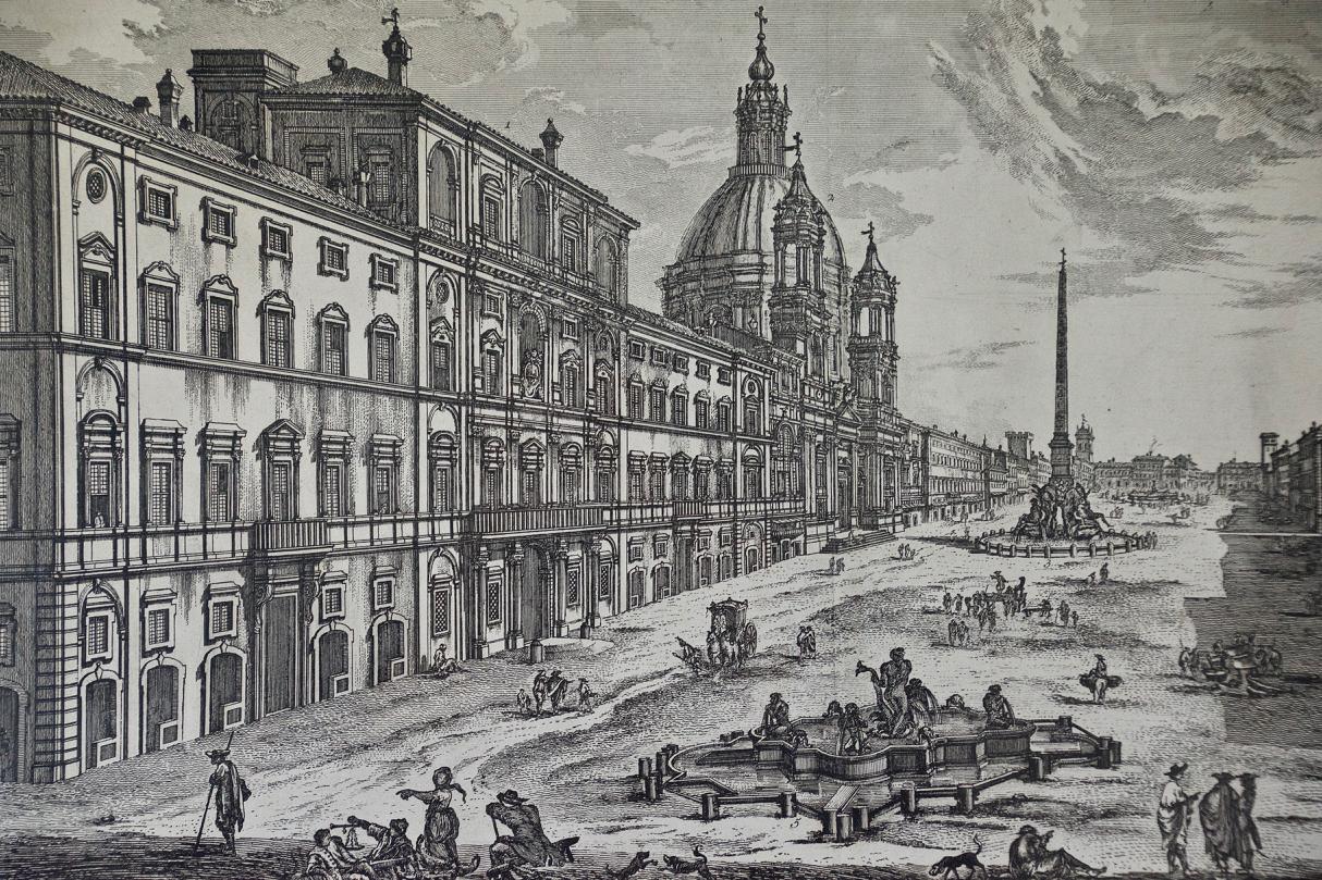 Piazza Navona à Rome : une gravure originale du 18ème siècle encadrée par Barbault - Maîtres anciens Print par Jean Barbault