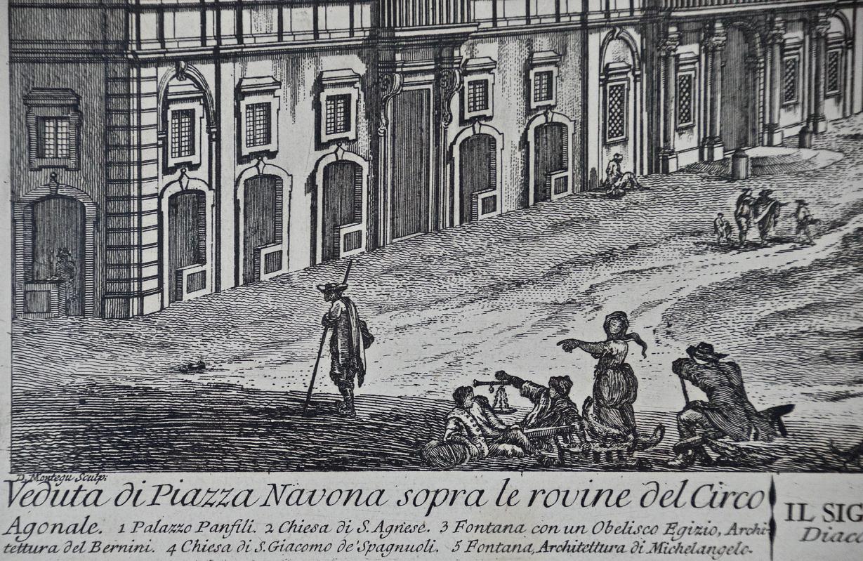 Piazza Navona à Rome : une gravure originale du 18ème siècle encadrée par Barbault - Marron Figurative Print par Jean Barbault