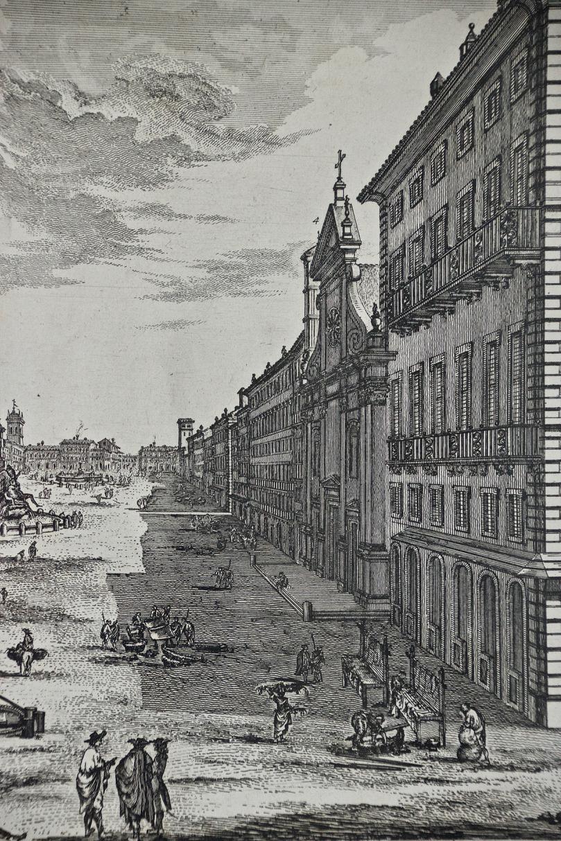 Piazza Navona in Rome: A Framed Original 18th Century Etching by Barbault - Old Masters Print by Jean Barbault