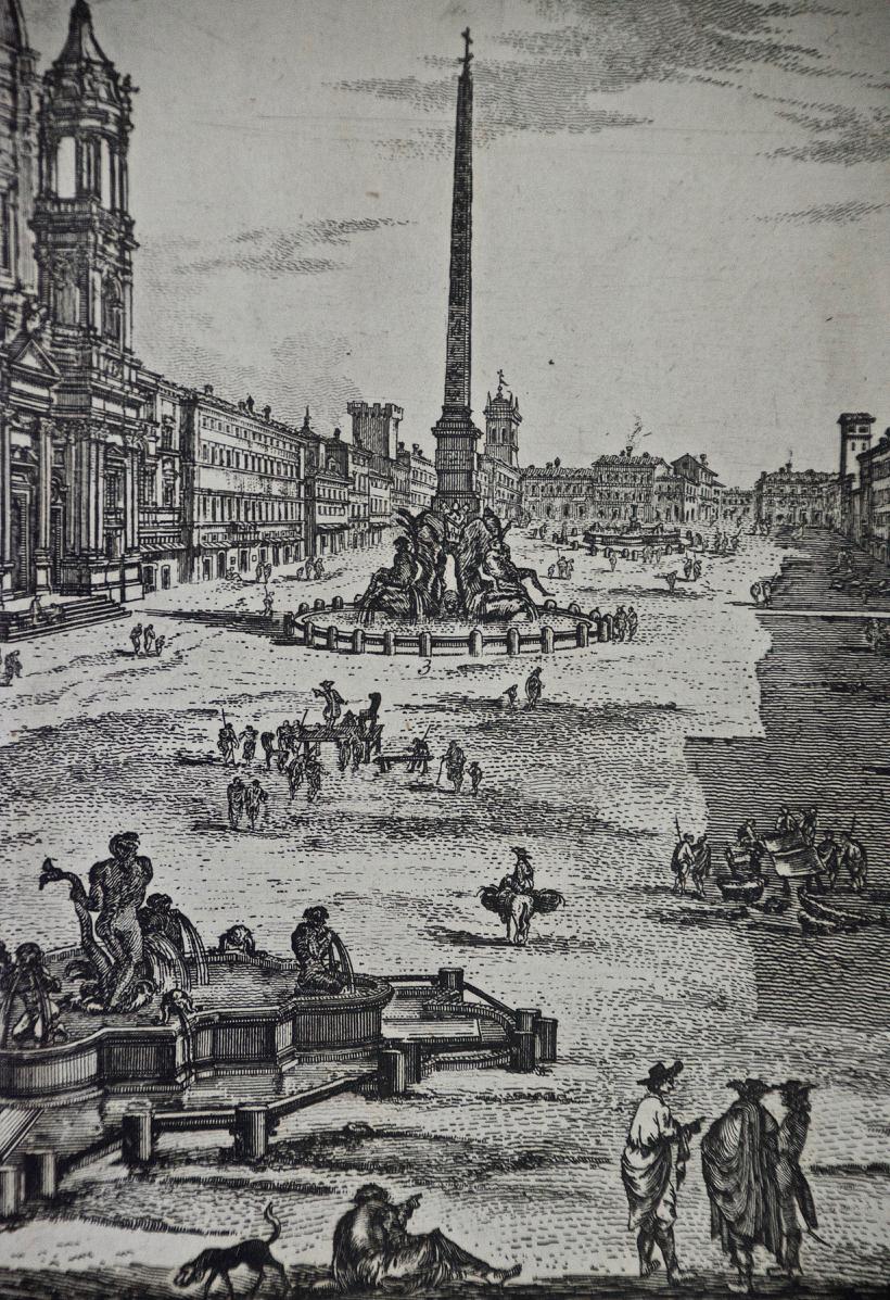 Piazza Navona in Rome: A Framed Original 18th Century Etching by Barbault - Brown Figurative Print by Jean Barbault