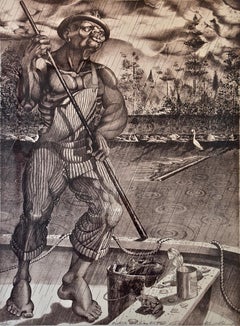 "Neptune Washington", Fisherman Polling His River Boat in the Rain by Ron Adams