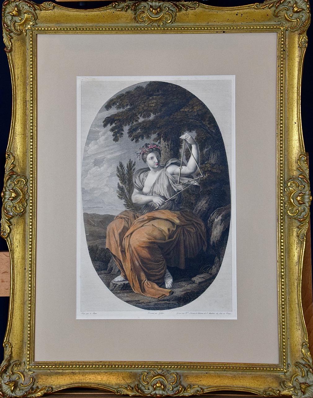 After Eustache Le Sueur Figurative Print – Muse Terpsichore: Gerahmtes, handkoloriertes Gemälde des 19. Jahrhunderts mit Gravur nach dem 17. Jahrhundert 