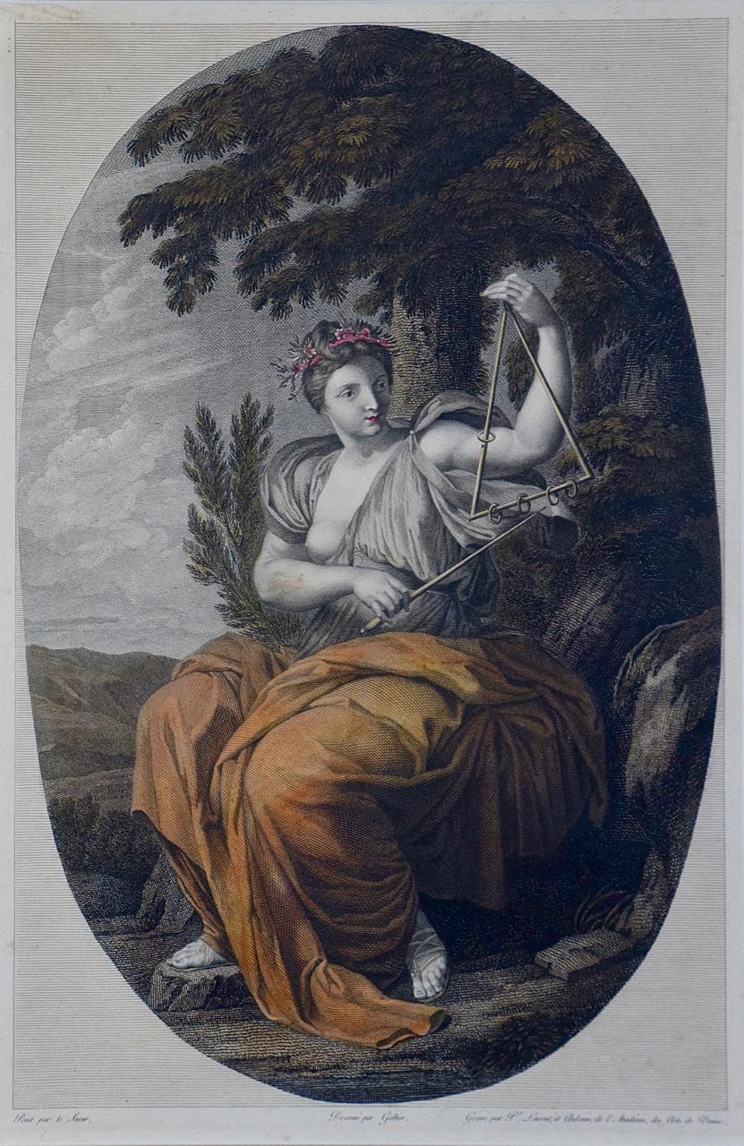Muse Terpsichore: Framed Hand-colored 19th C. Engraving after 17th C. Painting  - Print by After Eustache Le Sueur