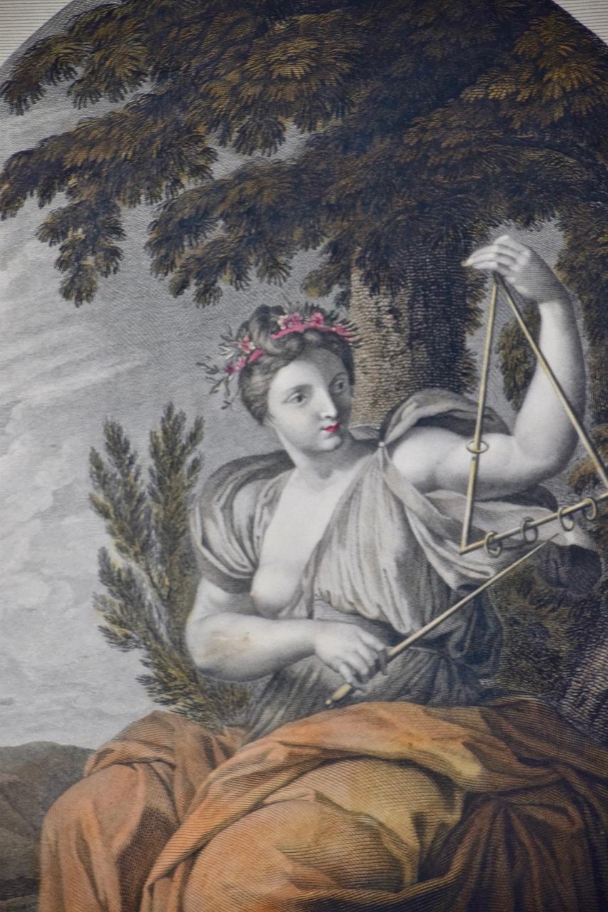 Muse Terpsichore: Gerahmtes, handkoloriertes Gemälde des 19. Jahrhunderts mit Gravur nach dem 17. Jahrhundert  (Romantik), Print, von After Eustache Le Sueur