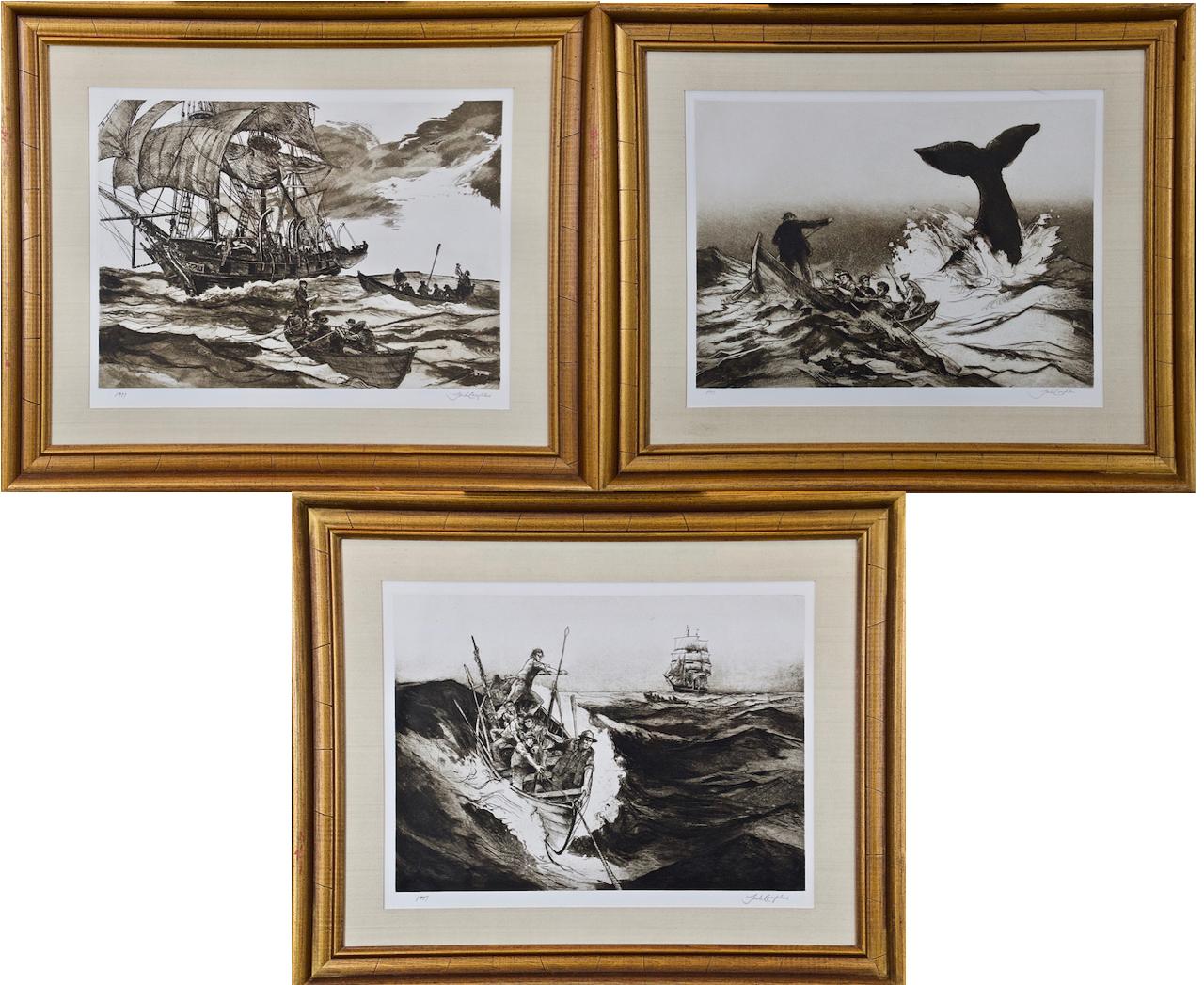 Jack Coughlin  Landscape Print - A Set of Three Copperplate Etchings of Whaling Scenes by Jack Coughlin
