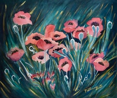 Watercolor of Flowers in a Field: Large Framed Colorful Botanical by Fatima S.