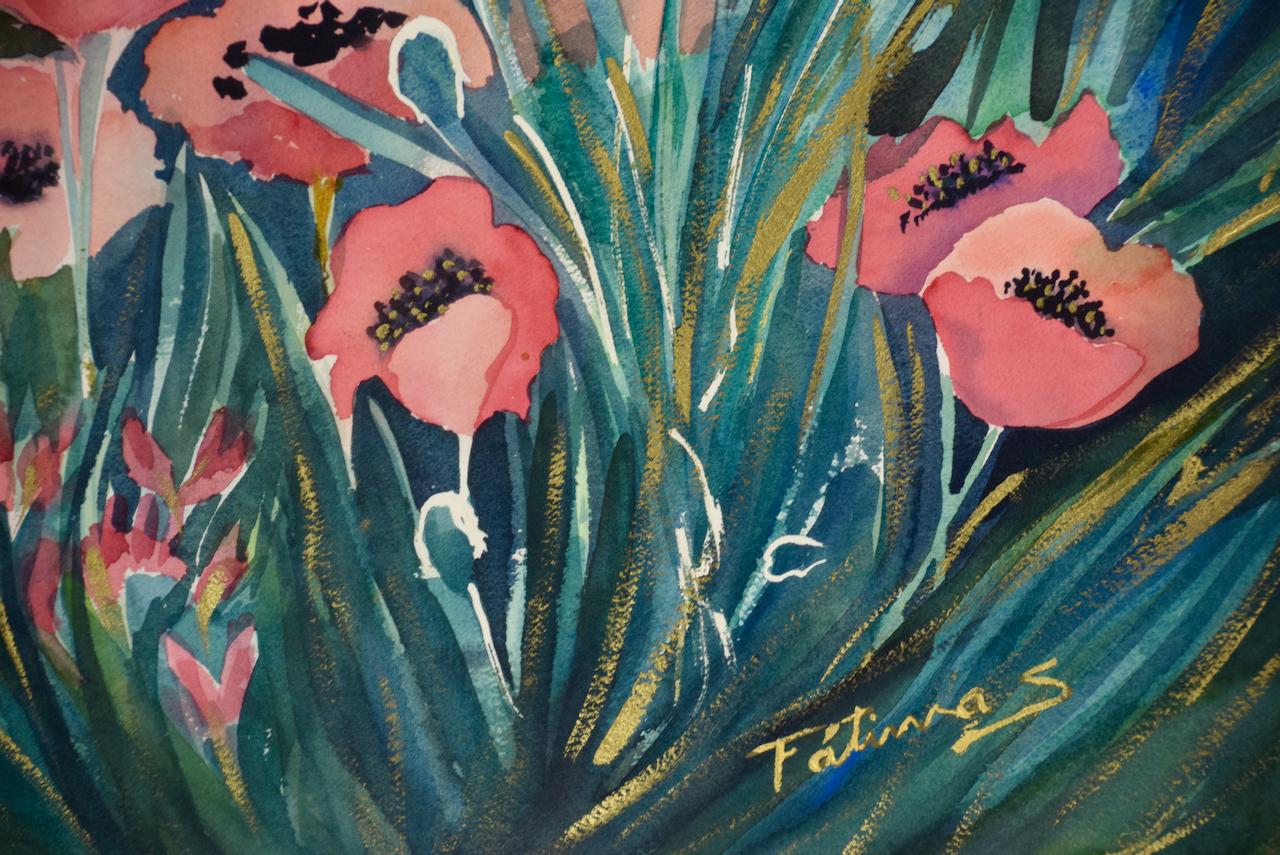 Watercolor of Flowers in a Field: Large Framed Colorful Botanical by Fatima S.  For Sale 2