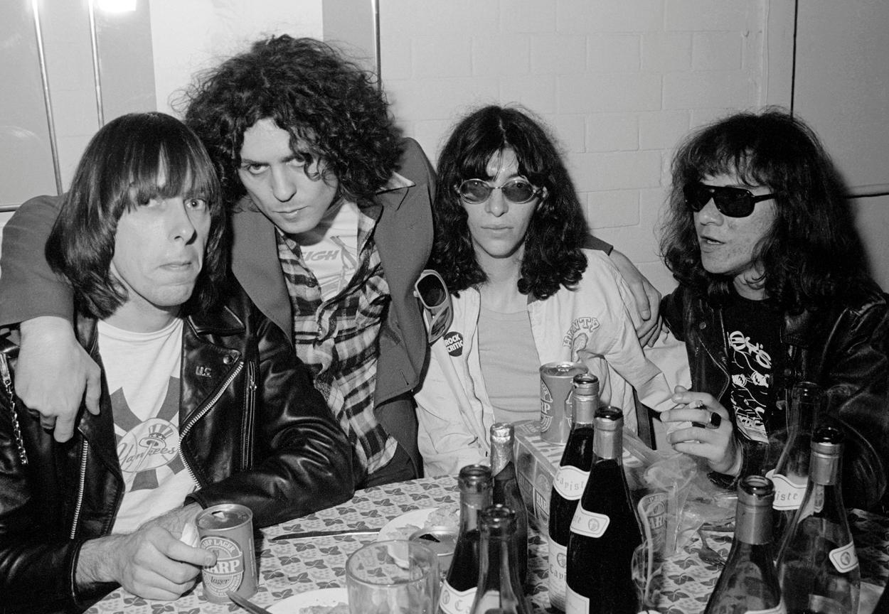 Richard Young Portrait Photograph - Johnny Ramone, Marc Bolan, Joey Ramone and Tommy Ramone, Ramones Party, London
