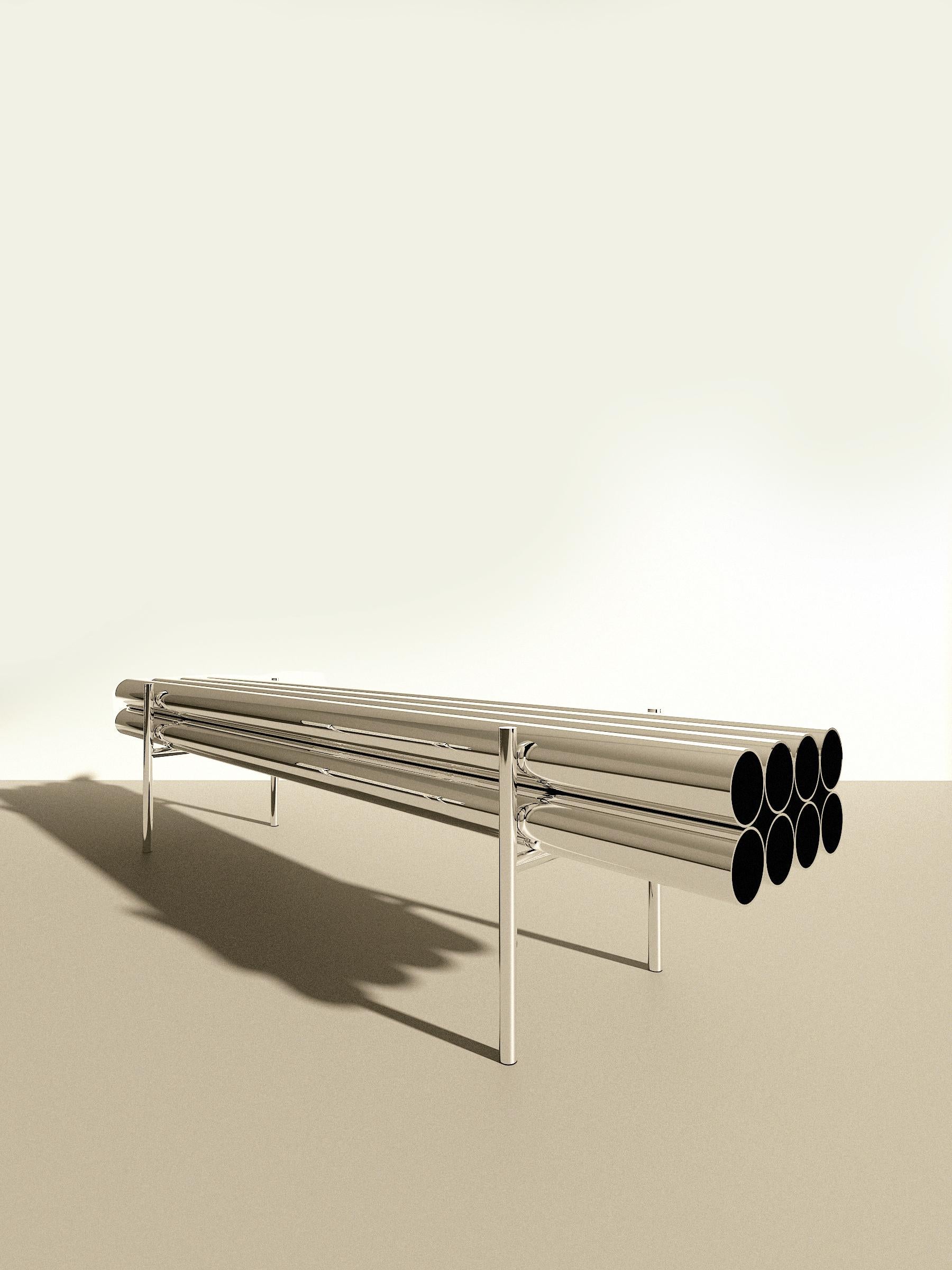 Long Bench, Polished Aluminum, Mirror Finish, Sleek Edgy Bench – Art von Deon Rubi