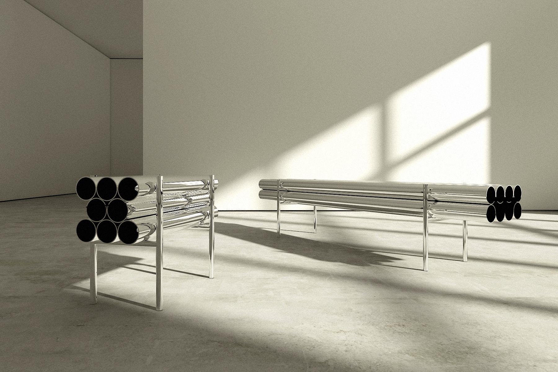 Long Bench, Polished Aluminum, Mirror Finish, Sleek Edgy Bench (Minimalistisch), Art, von Deon Rubi