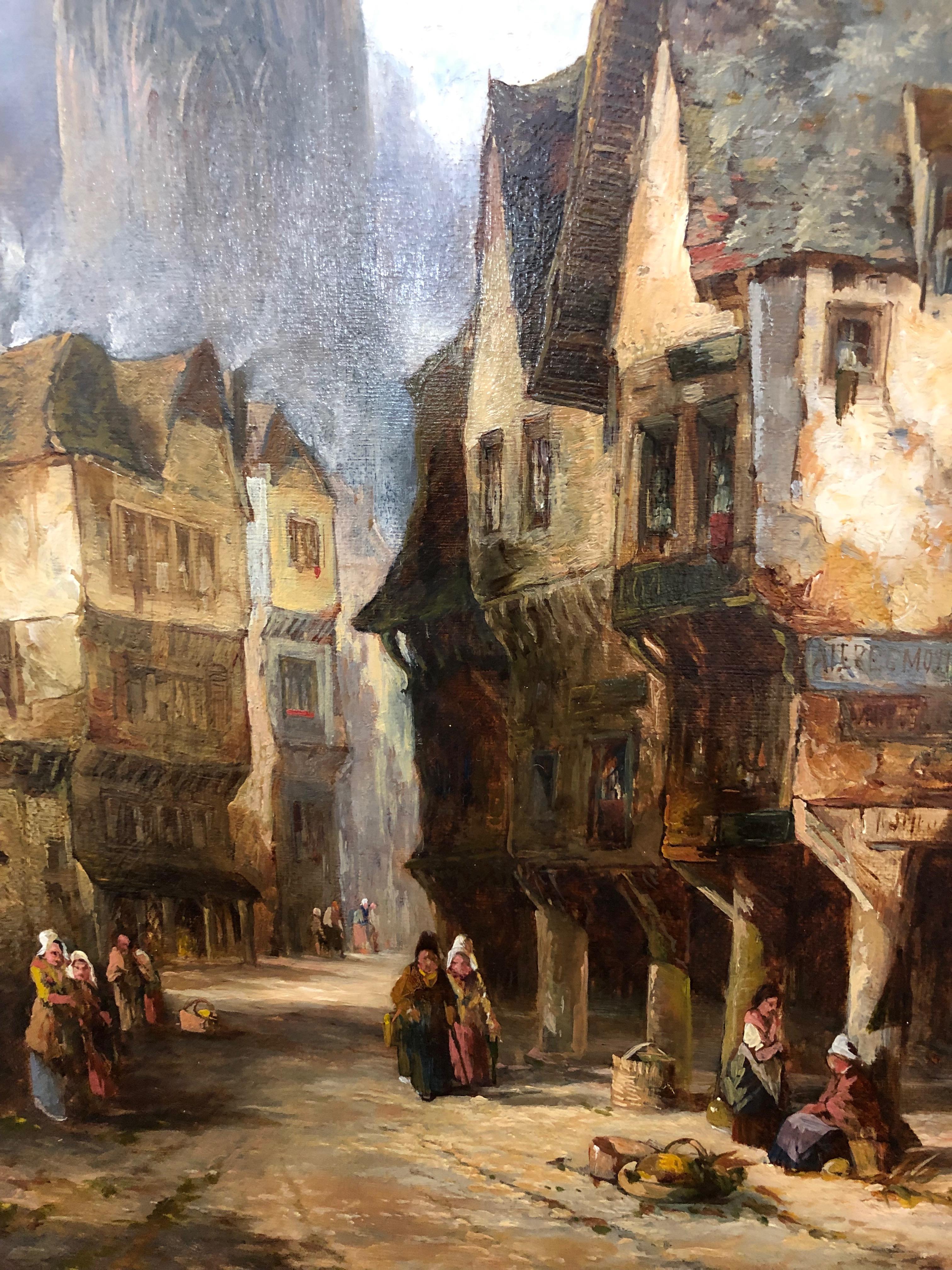 A Townscape painting of the medieval town of Dinan in Brittany, Northern France.

The artist, Alfred Montague R.B.A. who flourished 1832 - 1883 was a successful painter of landscapes, townscapes and coastal marines. He was a prolific exhibitor, with