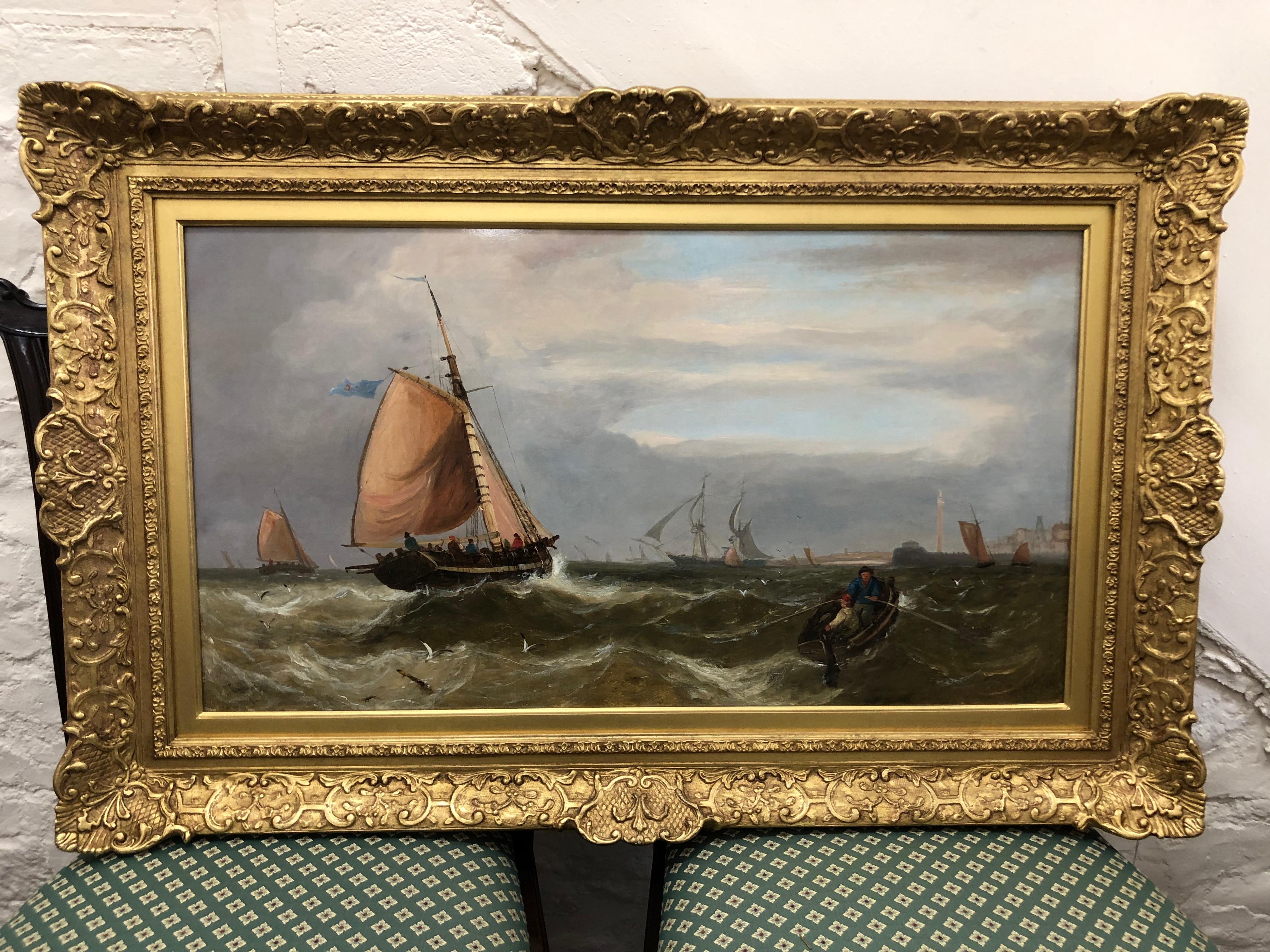 Fishing Boats Making For Yarmouth Haven - Large Seascape Oil On Canvas, Callow - Painting by John Callow