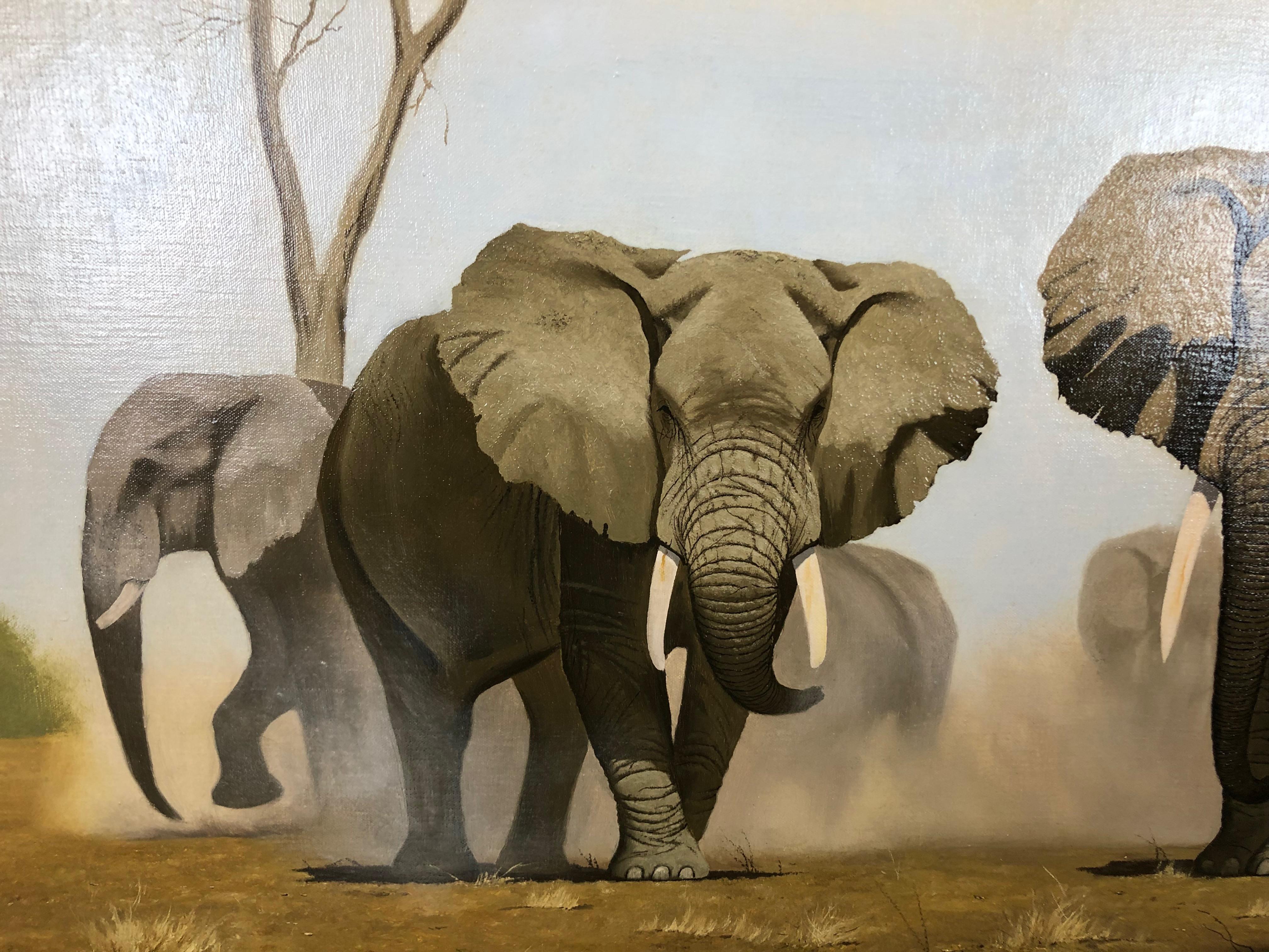 An Imposing Herd - Oil Painting On Canvas, Safari Landscape by Anthony Gibbs For Sale 1