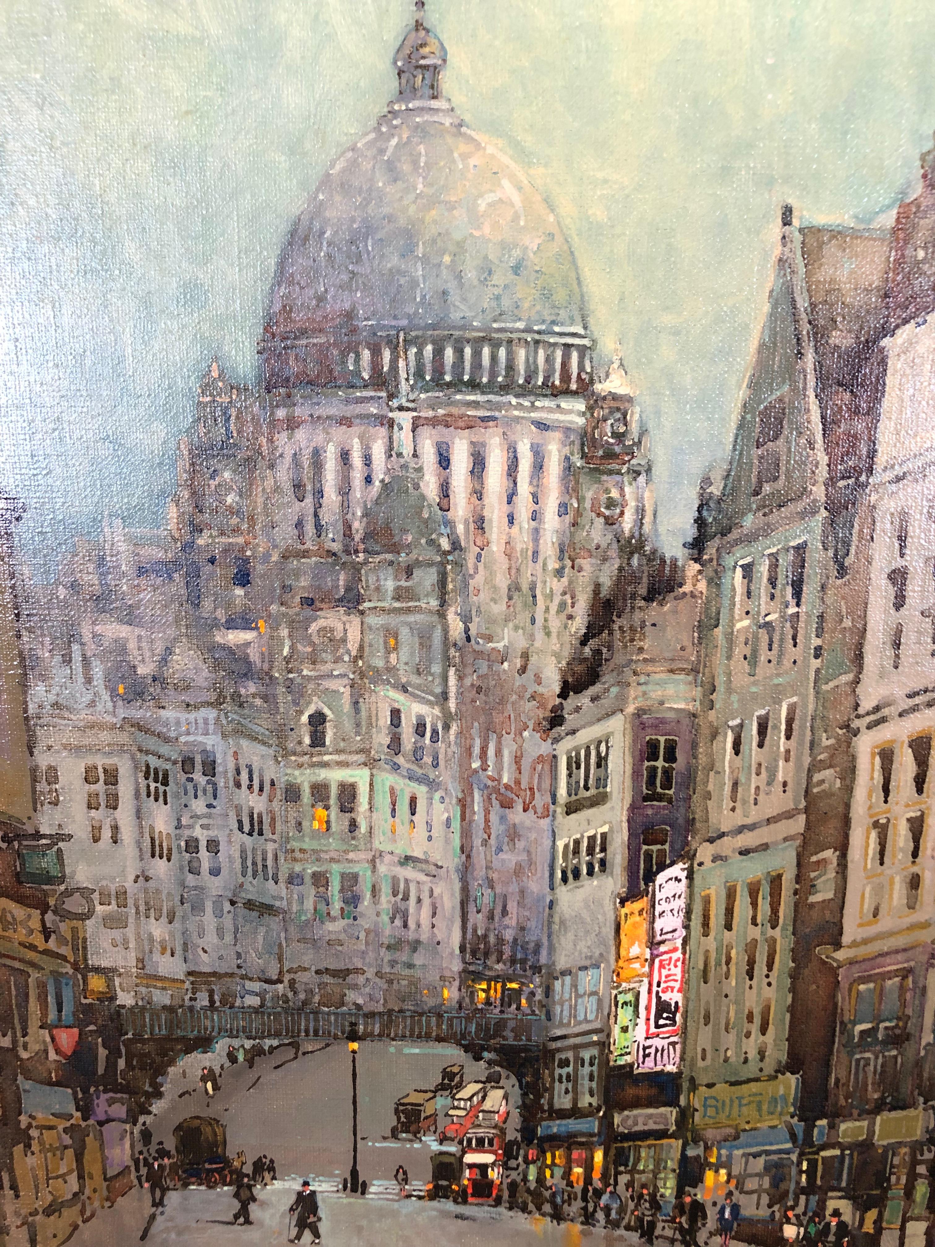 Charming London Townscape Of Ludgate Hill leading up to St Pauls Cathedral in which the artist has managed to capture both the fun and general busy London atmosphere. Godwin Bennett 1888-1950 was a Brighton born painter and art dealer who enjoyed