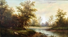 Woodland Camp By A River -  Landscape Oil Painting on Canvas By John Westall