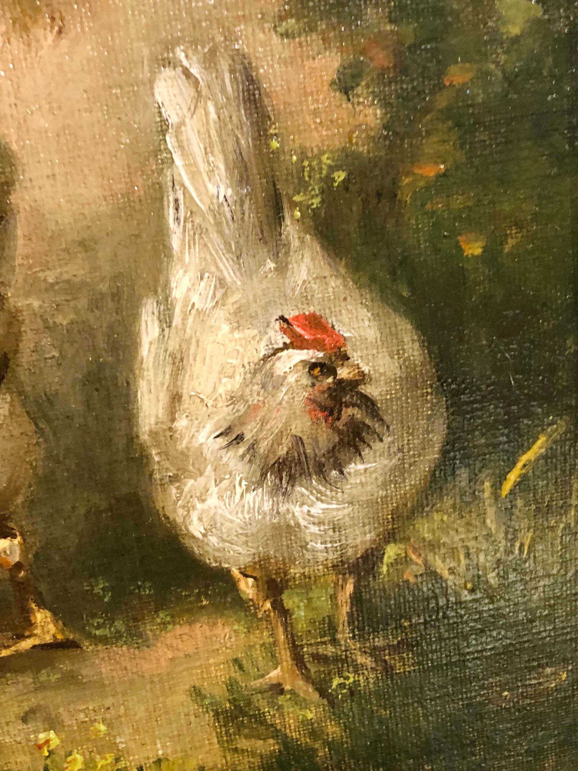 Pair Of Chickens In Landscape - Victorian Painting by Louis Marie Lemaire