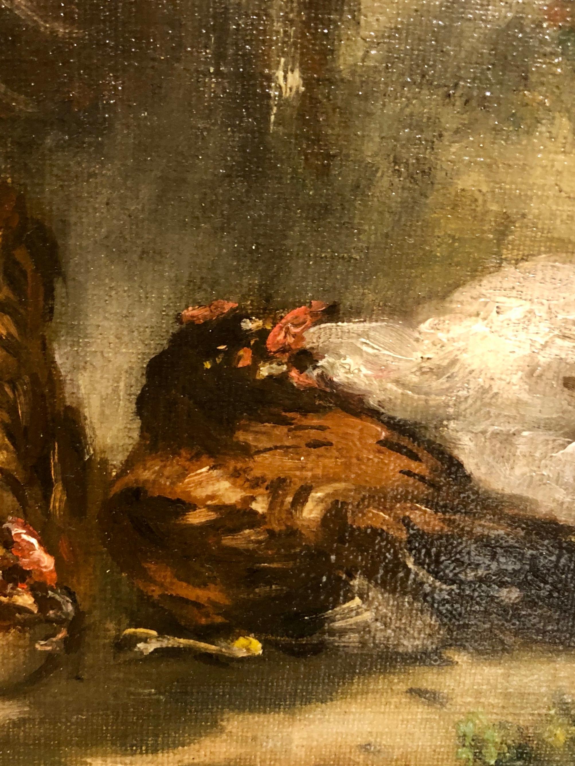 Pair Of Chickens In Landscape - Brown Landscape Painting by Louis Marie Lemaire