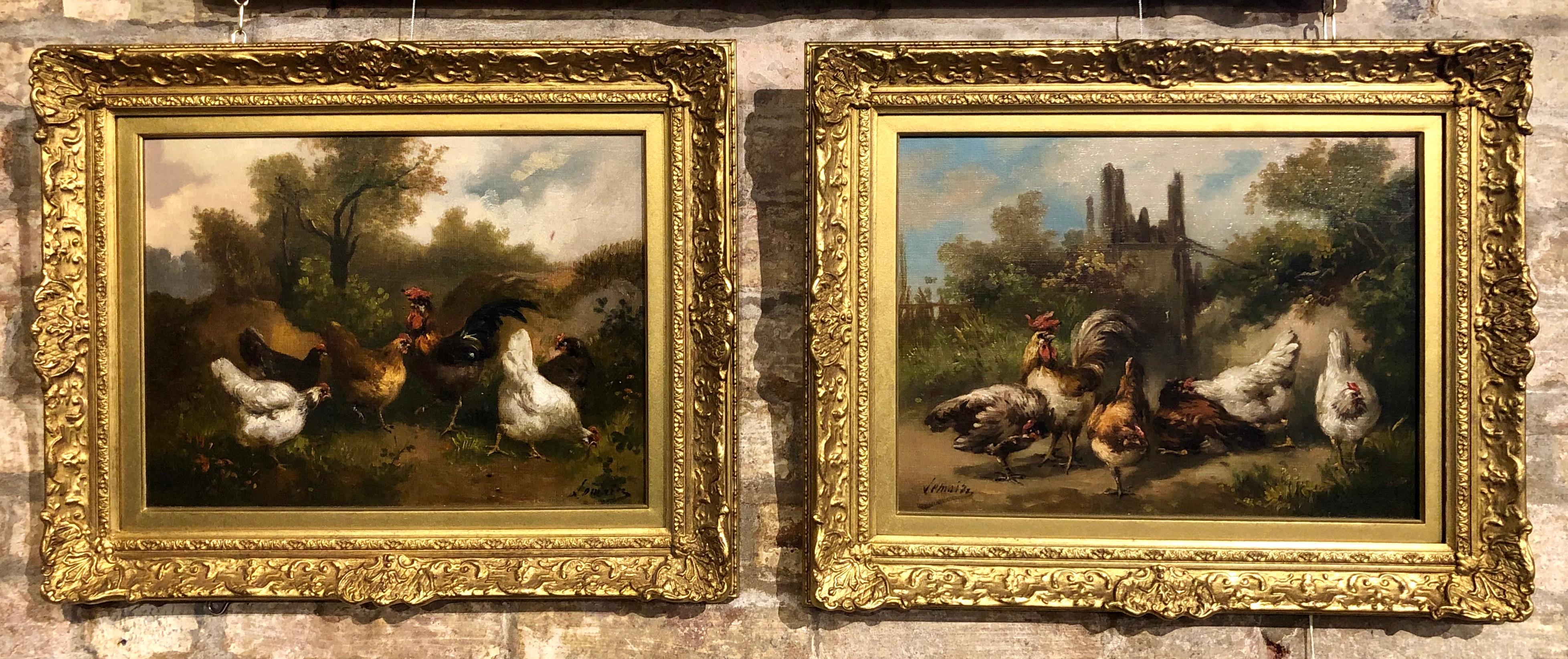 Pair Of Chickens In Landscape - Painting by Louis Marie Lemaire