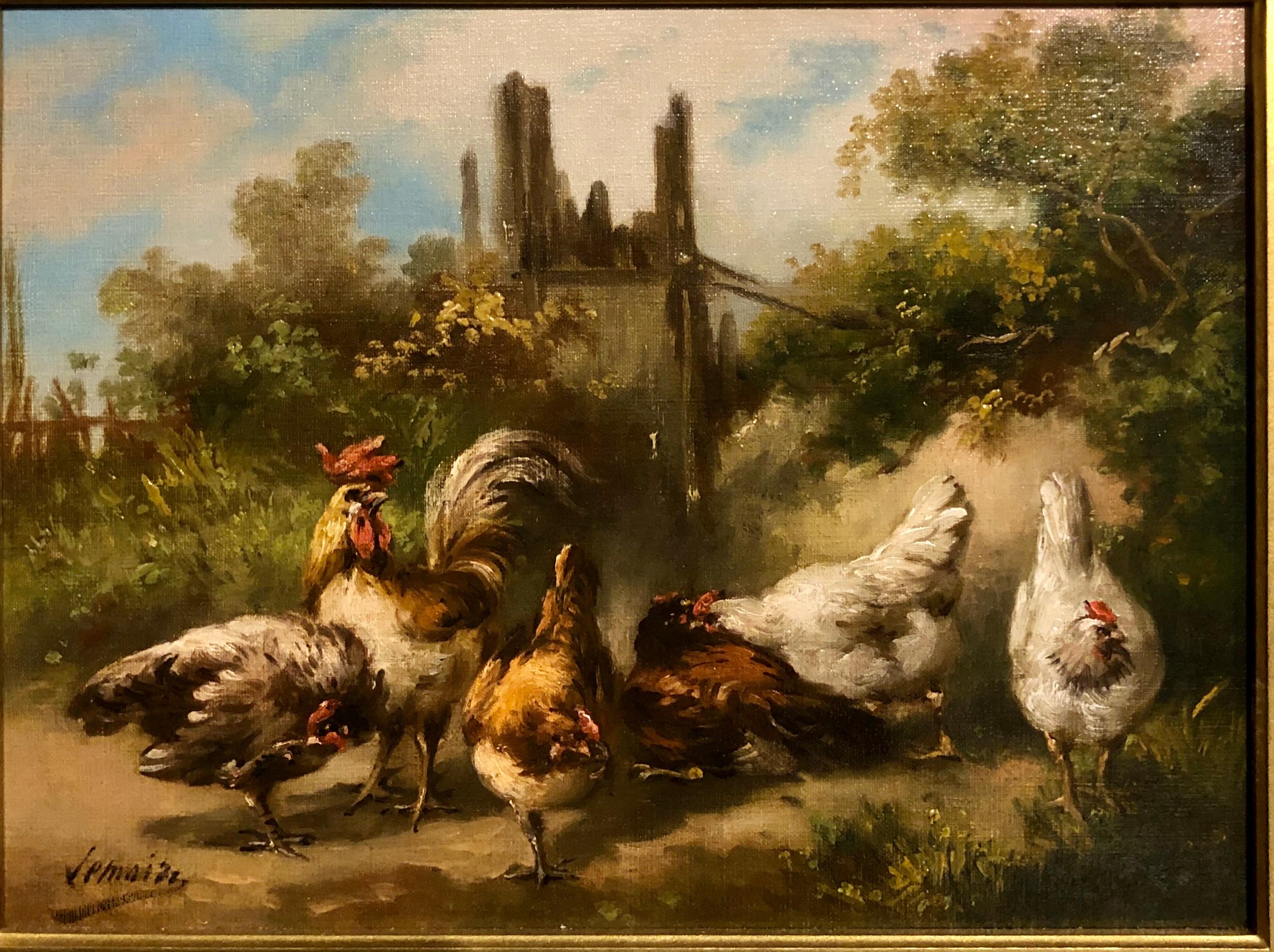 Louis Marie Lemaire Landscape Painting - Pair Of Chickens In Landscape