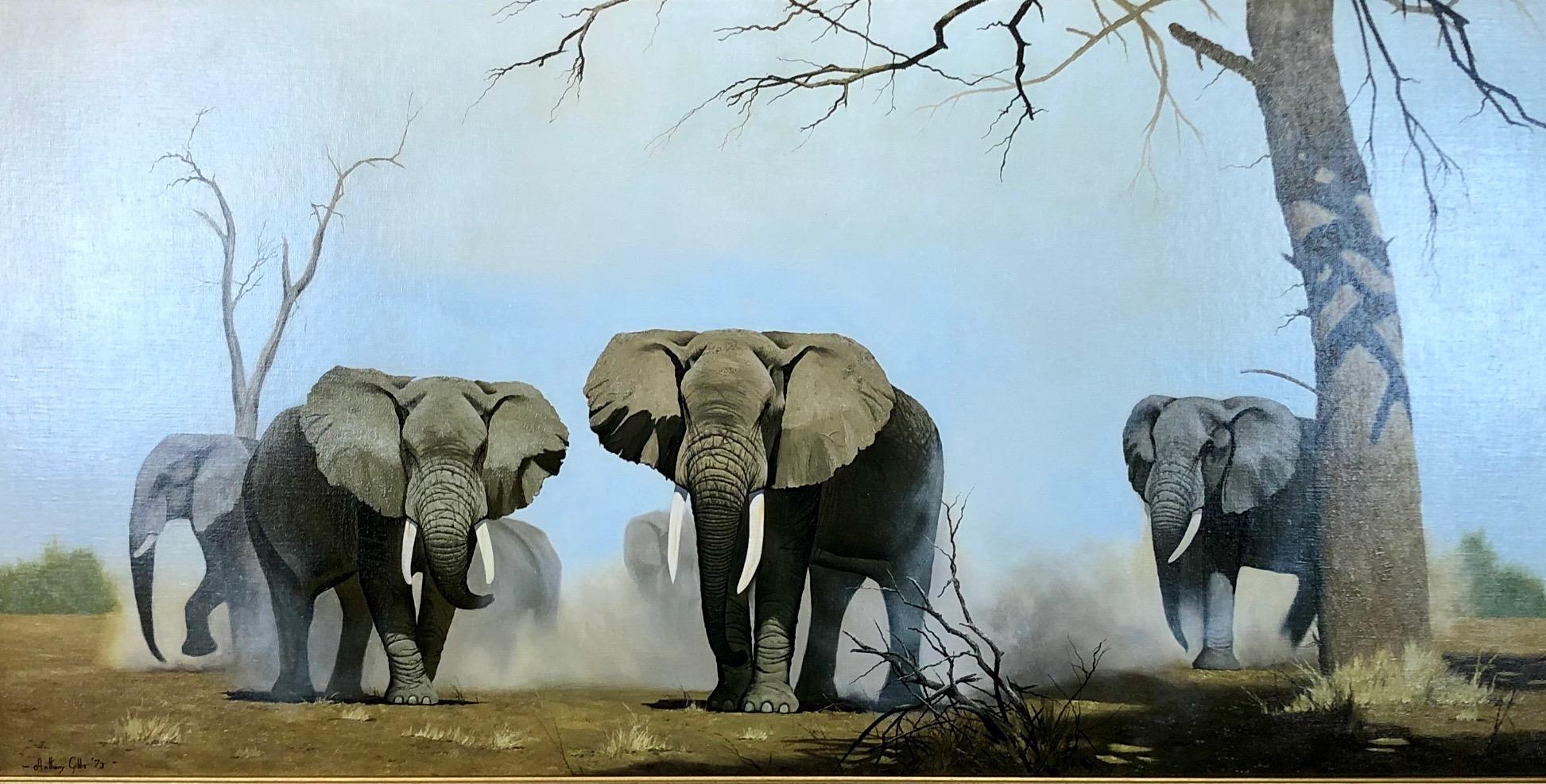 An Imposing Herd - Oil Painting On Canvas, Safari Landscape by Anthony Gibbs For Sale 5