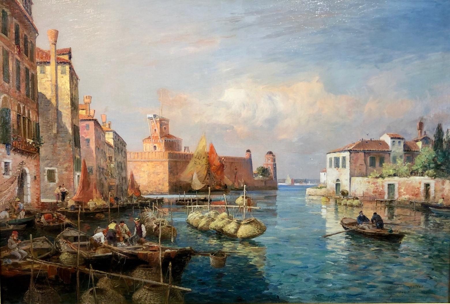 Gaston Roullet Landscape Painting - Canal San Pietro, Pont du Guerre, Back of the Arsenal, Venice