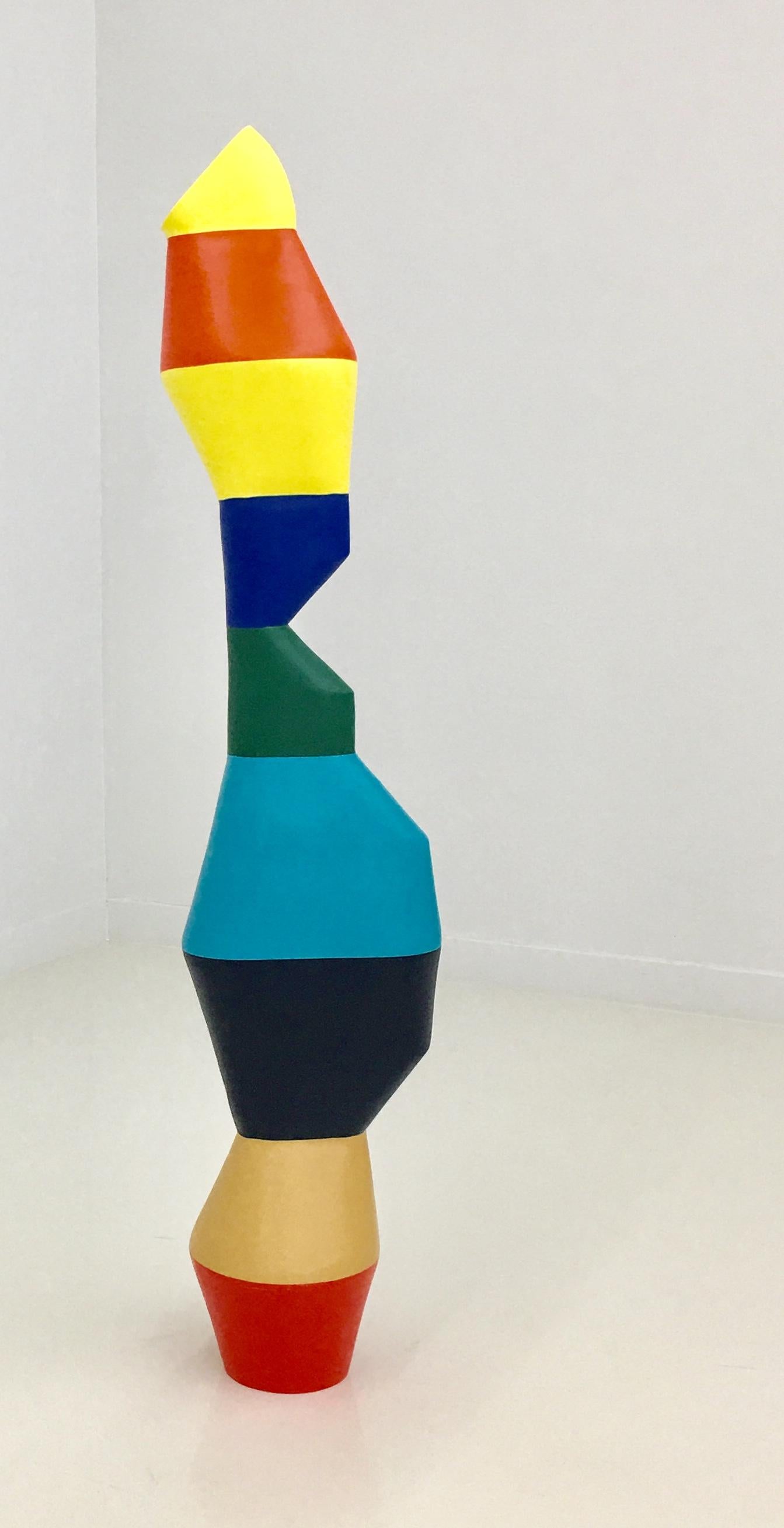 The Totem form and the relationship between colors are transposed into three-dimensionality with "Resin sculpture" sculpture, which, treated like collage, echoes the painting’s even surface in a troubling manner.