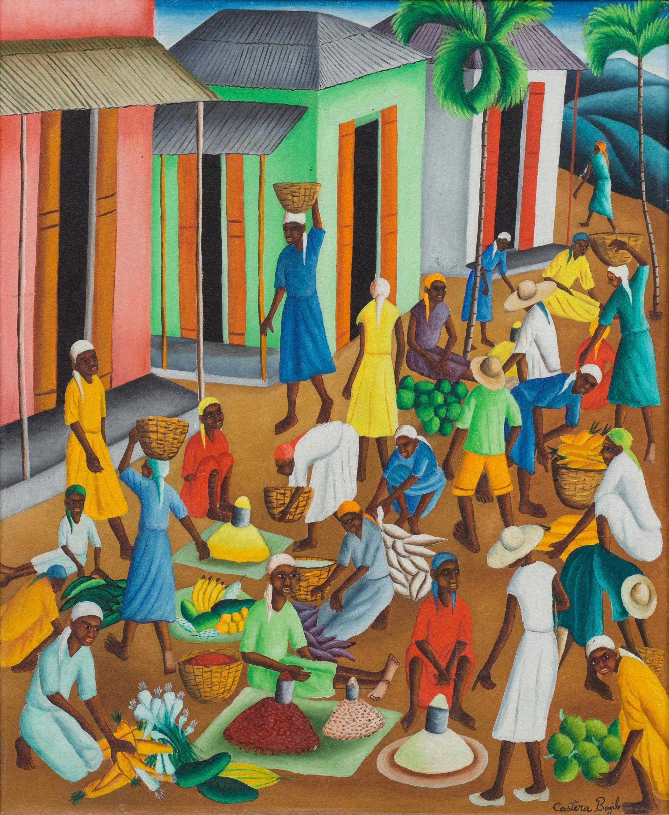 Castera Bazile Figurative Painting - Untitled (Open Air Haitian Market) Haitian Art, Haiti