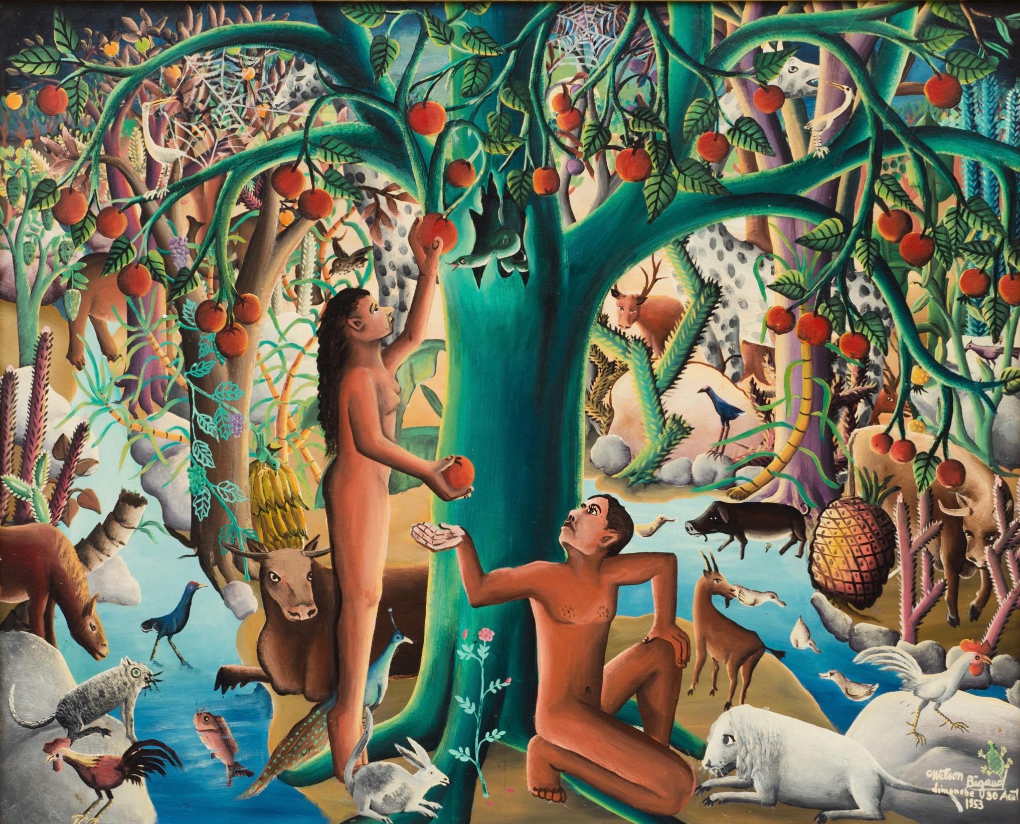 Paradis Terrestre, datiert Dimanche 30 Aout 1953, haitianische Kunst, Haiti – Painting von Wilson Bigaud