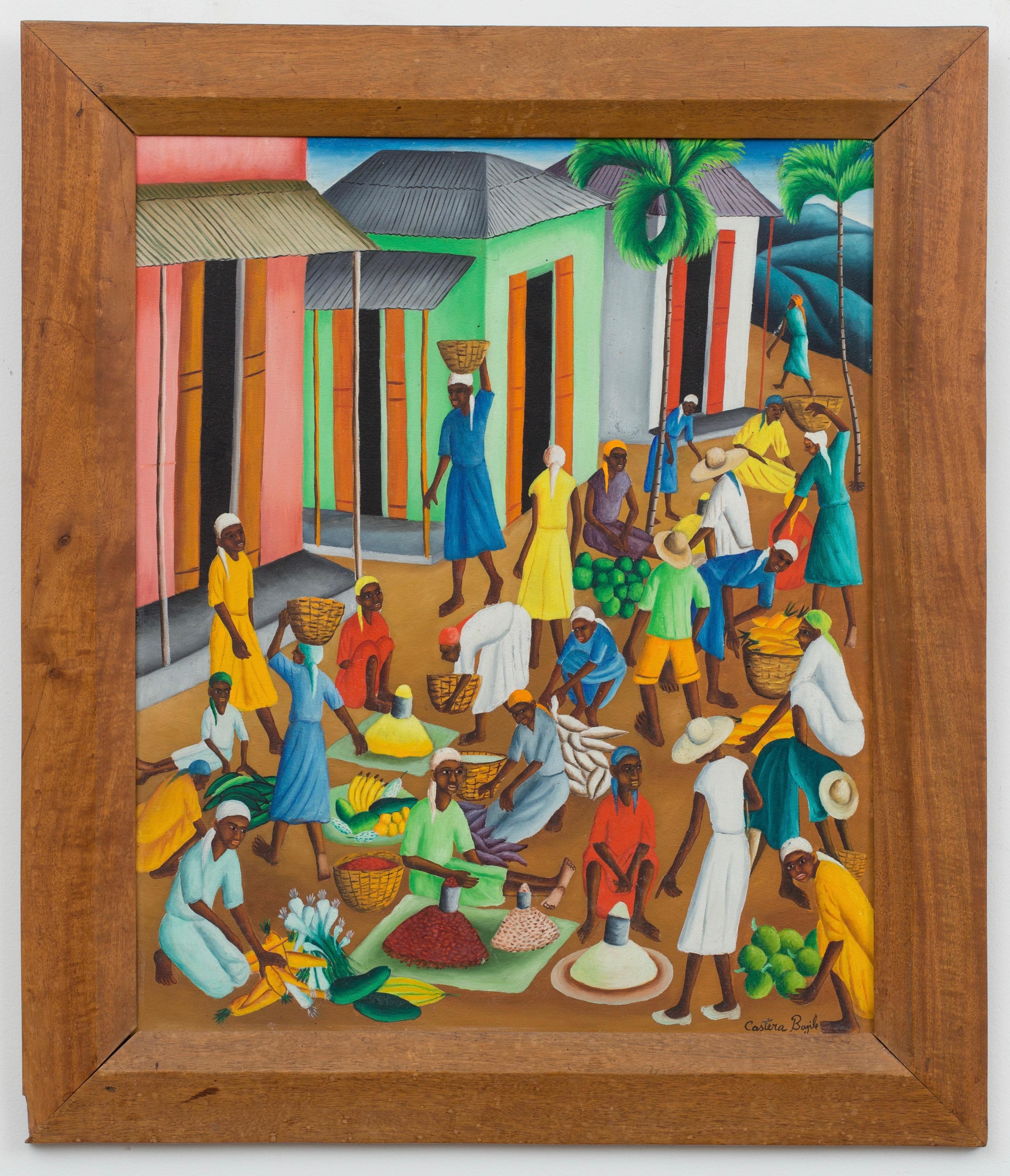 Untitled (Open Air Haitian Market) Haitian Art, Haiti - Painting by Castera Bazile