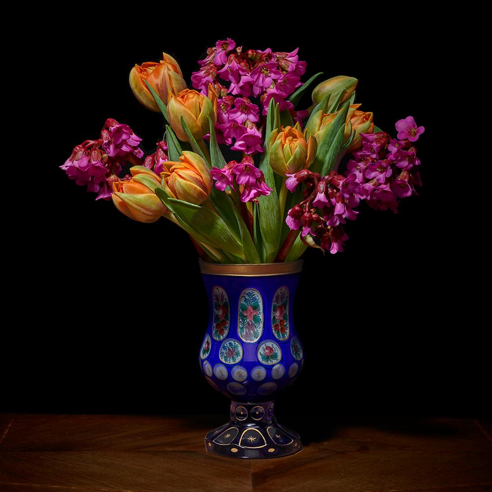 T.M. Glass Still-Life Photograph - Azaleas and Tulips in a European Vessel