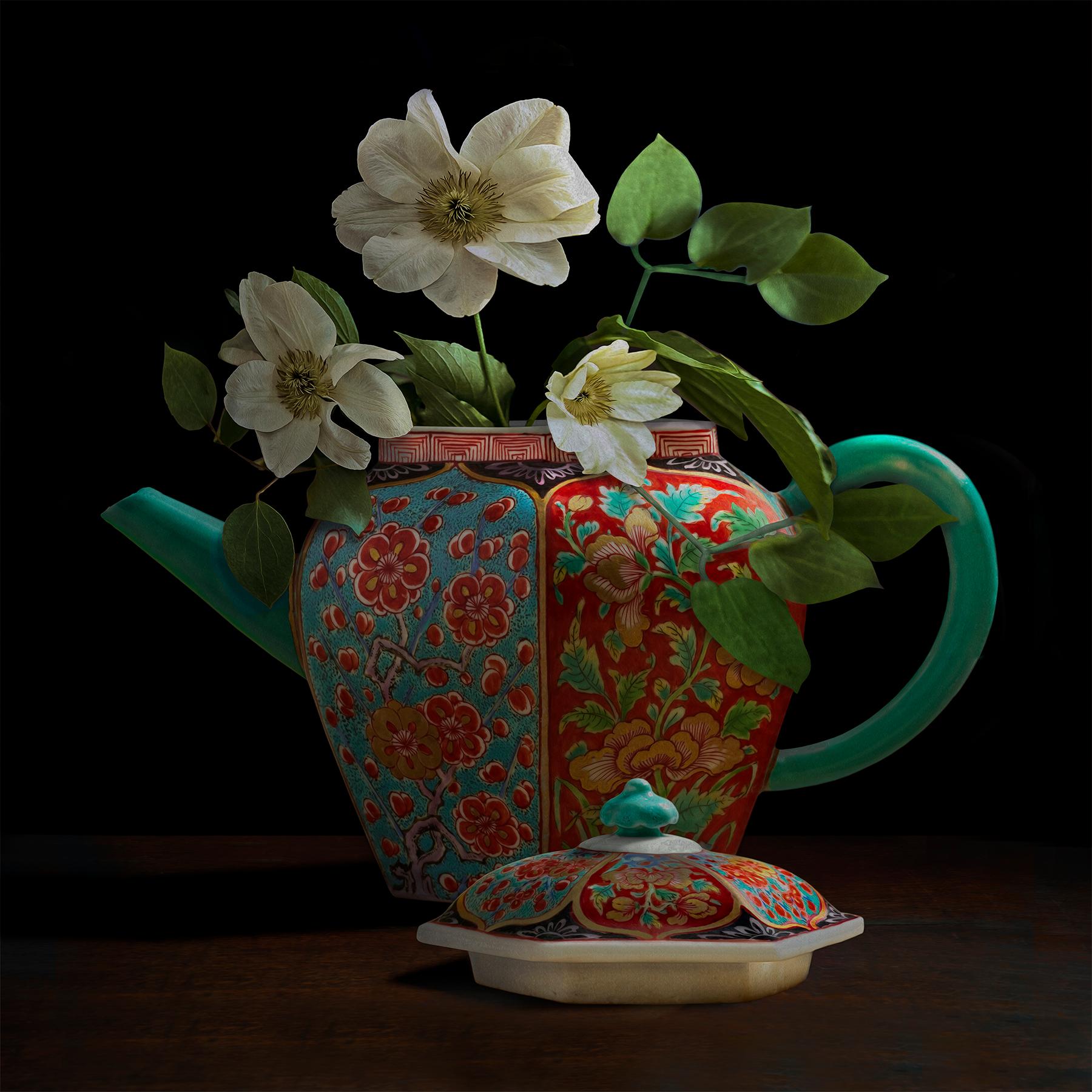T.M. Glass Color Photograph - Clematis in a Chelsea Teapot 