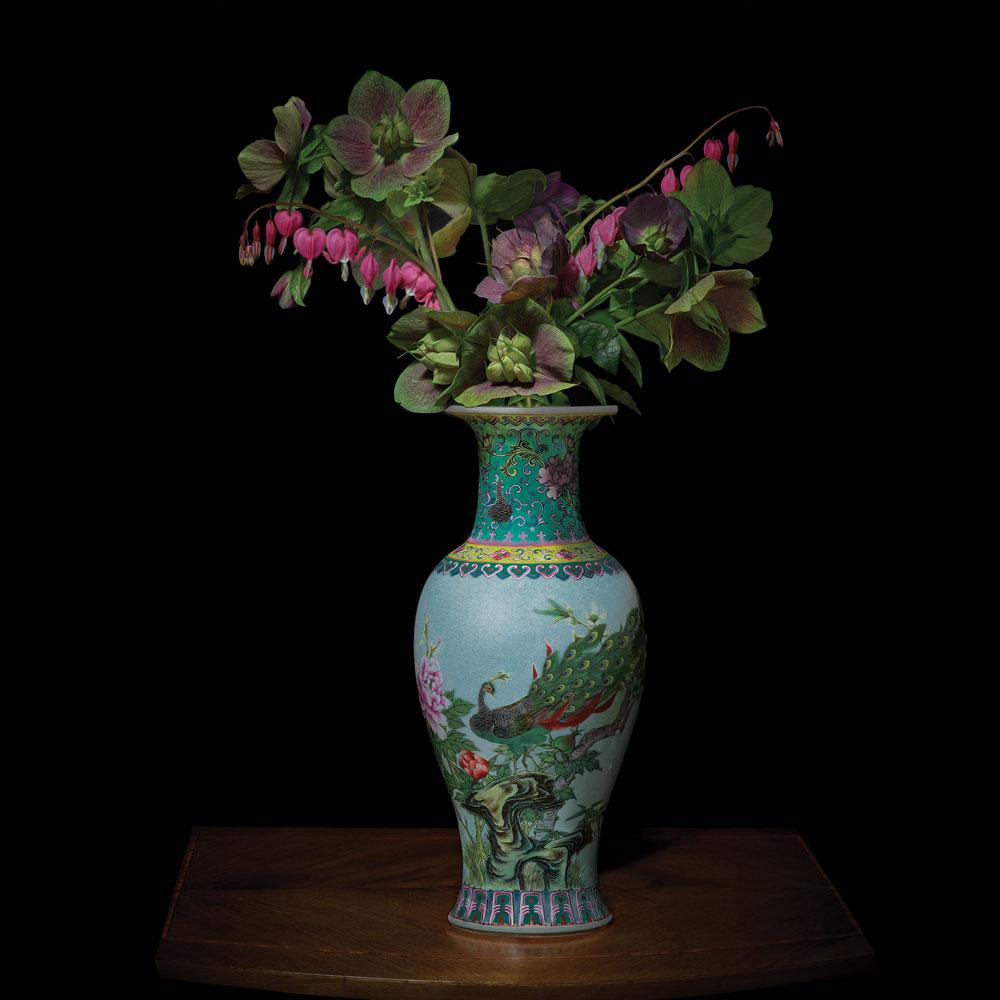 T.M. Glass Color Photograph - Hellebores and Bleeding Hearts in a Chinese Vessel