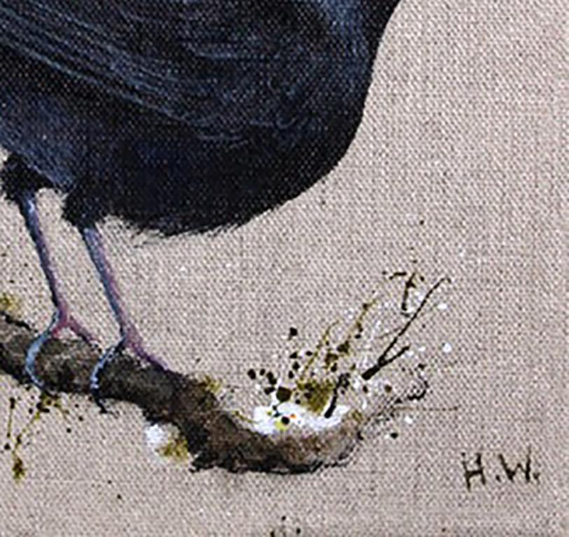 Blackbird on Linen - Painting by Helen Welsh