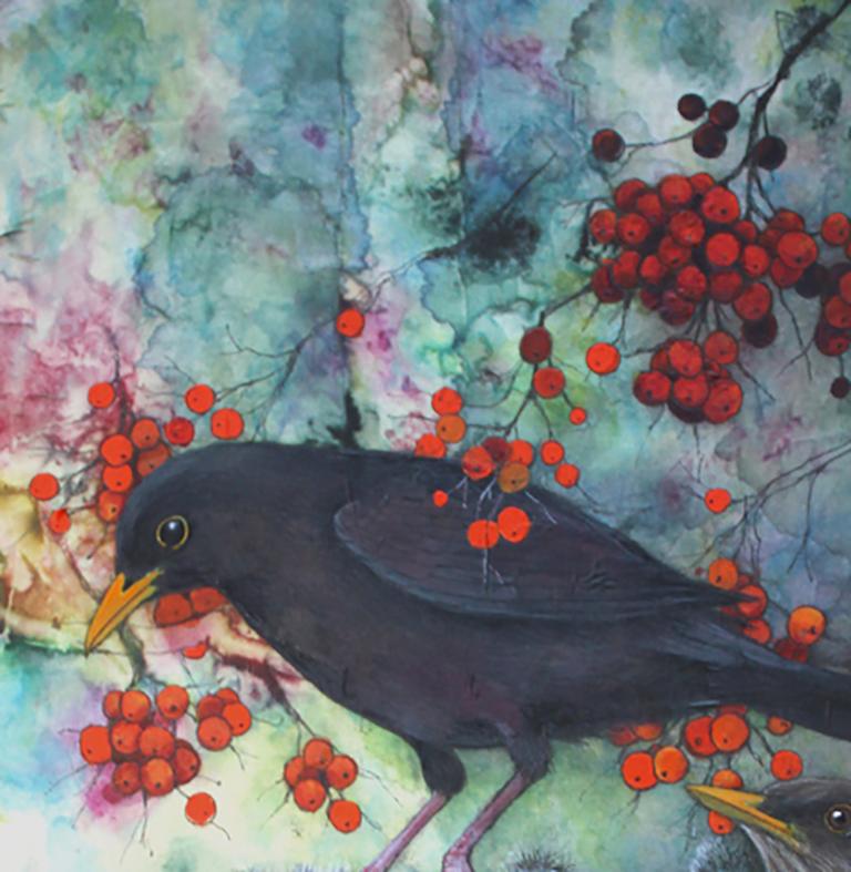 Paar schwarze Vögel - Realistisches Gemälde von Helen Welsh im Angebot 2