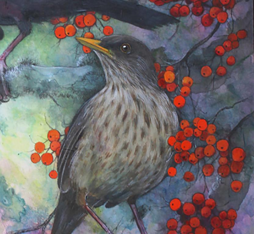 Paar schwarze Vögel - Realistisches Gemälde von Helen Welsh im Angebot 3