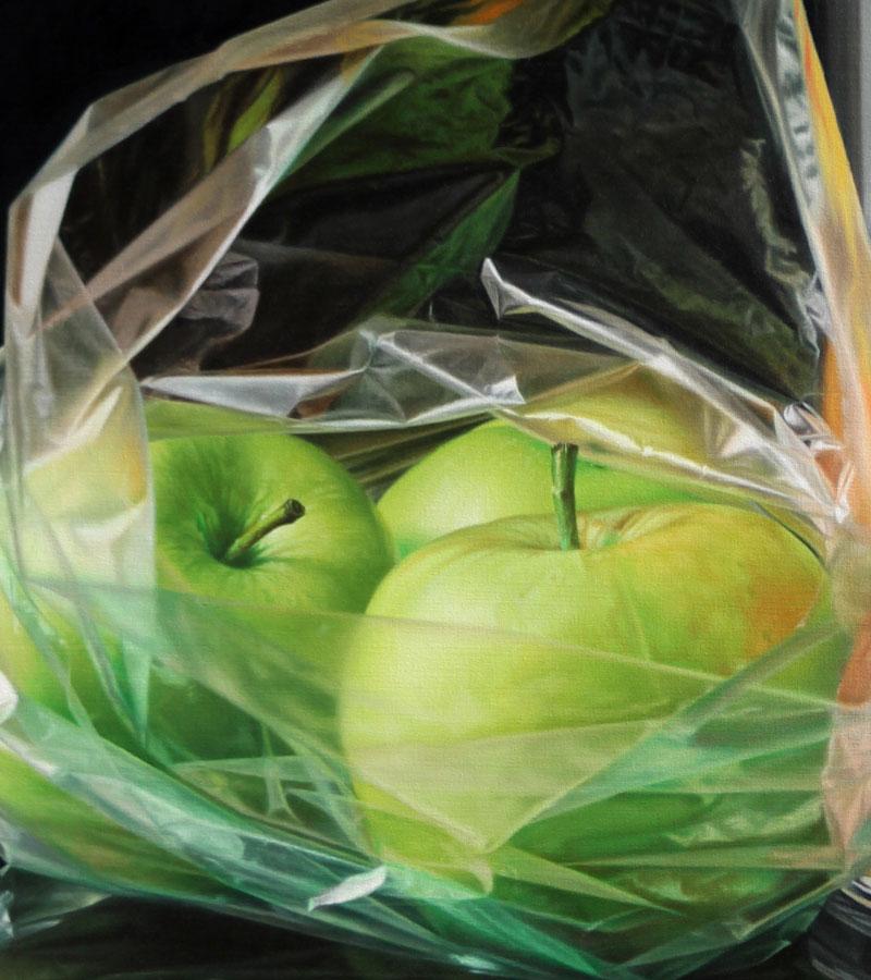 Green Apples and Oranges - Vizcaíno Oil painting on canvas hyperrealism - Black Figurative Painting by Unknown
