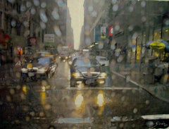 Raining in New York - Miguel Guía Impresionism Oil Paint on Cardboard