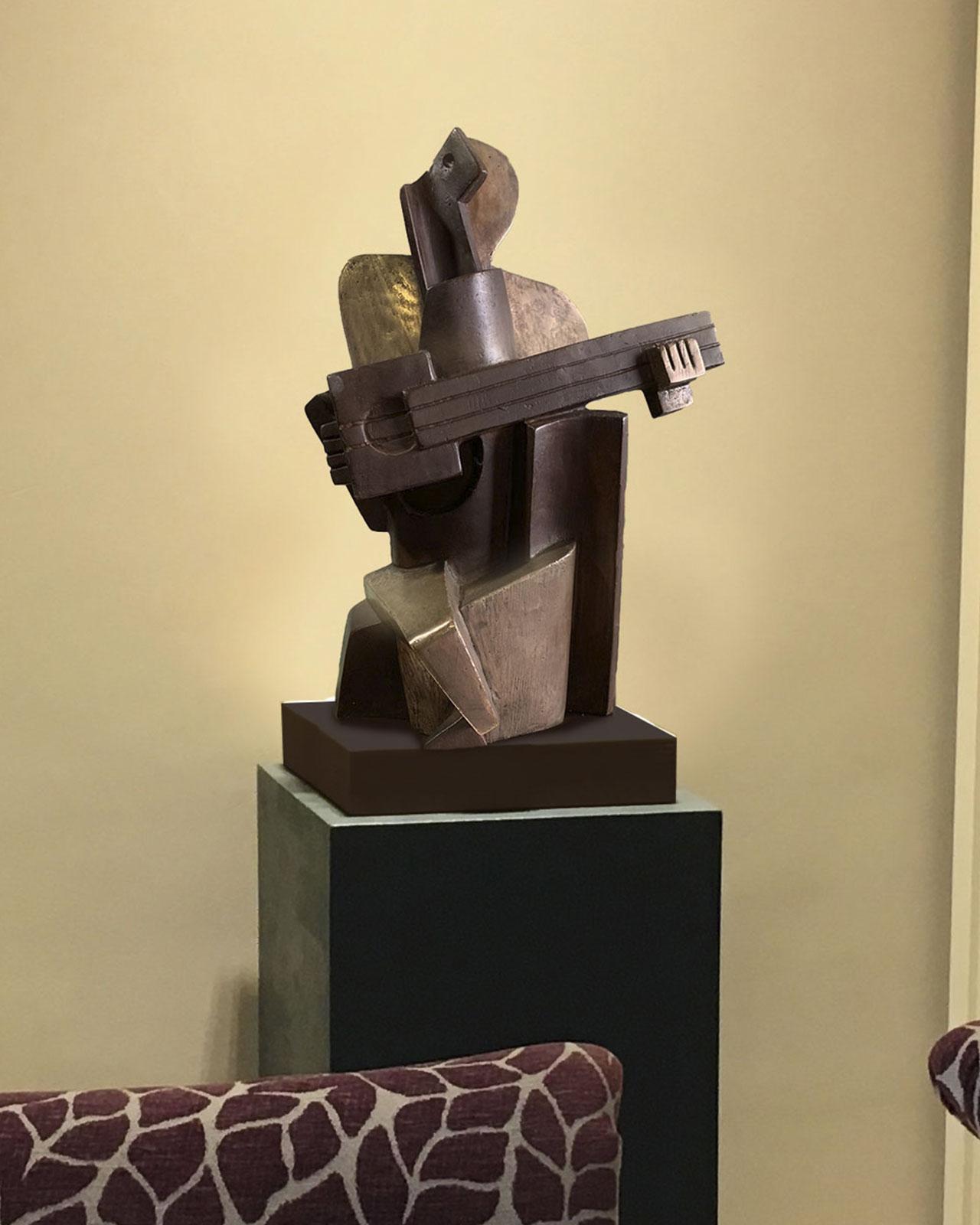 Großer Gitarrenspieler mit Arlekin aus Bronzeguss – kubistische Skulptur von Miguel Gua (Kubismus), Sculpture, von Miguel Guía