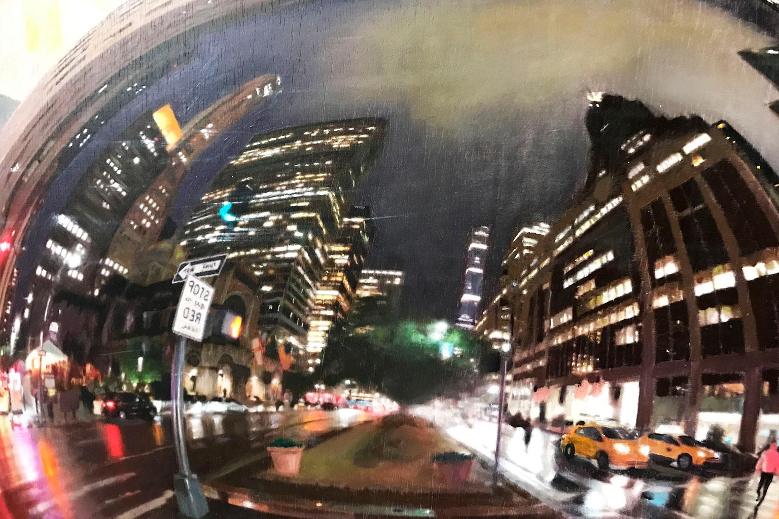 City's soul reflection NY NIGHT 2 - Miguel Guía Impresionism Oil Paint on board For Sale 5