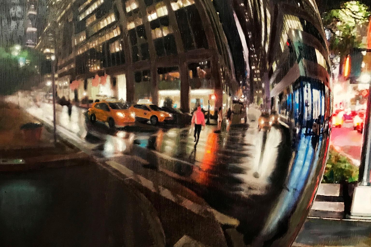 City's soul reflection NY NIGHT 2 - Miguel Guía Impresionism Oil Paint on board For Sale 6