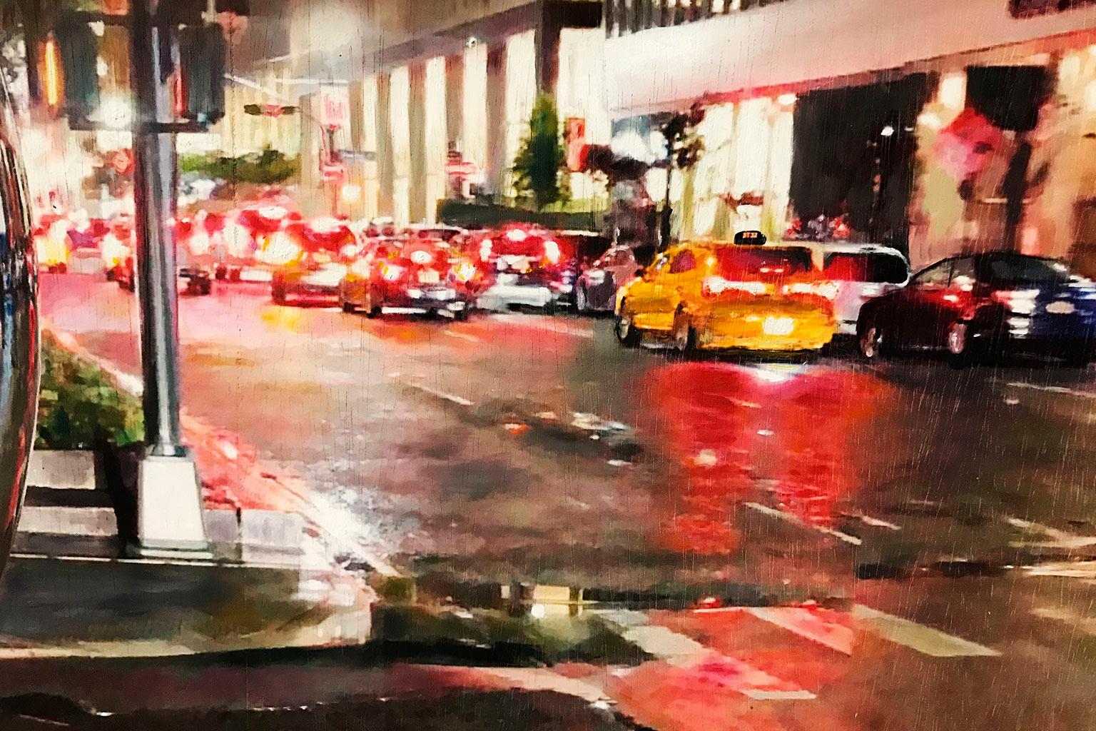 City's soul reflection NY NIGHT 2 - Miguel Guía Impresionism Oil Paint on board For Sale 9