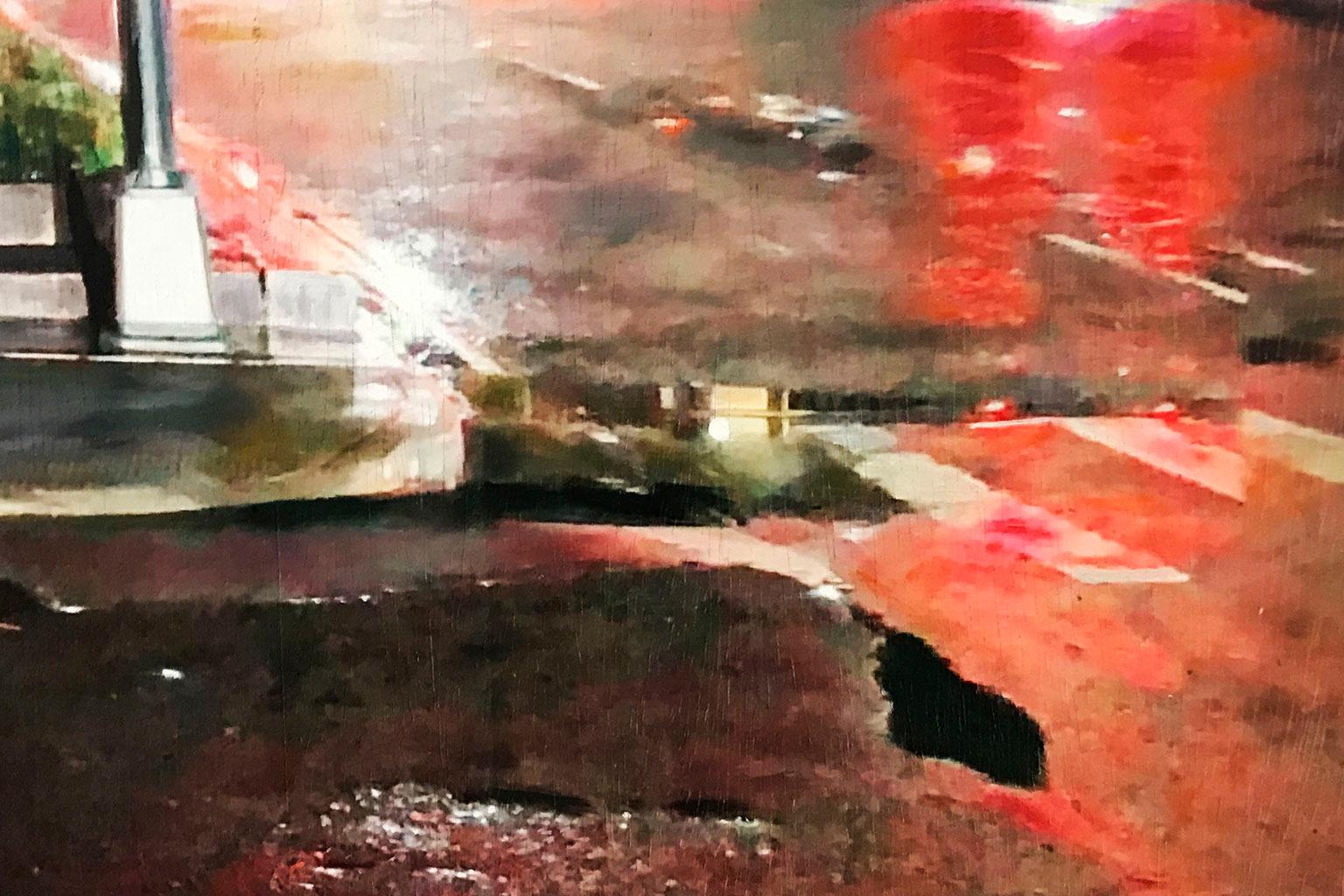 City's soul reflection NY NIGHT 2 - Miguel Guía Impresionism Oil Paint on board For Sale 10