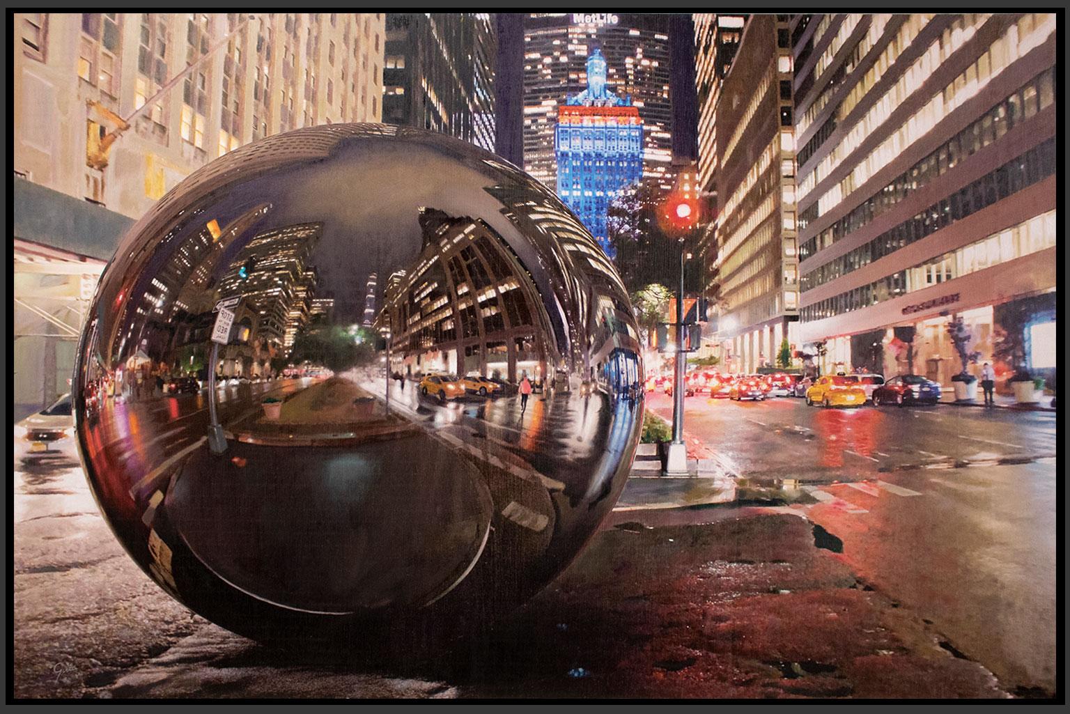 City's soul reflection NY NIGHT 2 - Miguel Guía Impresionism Oil Paint on board For Sale 11